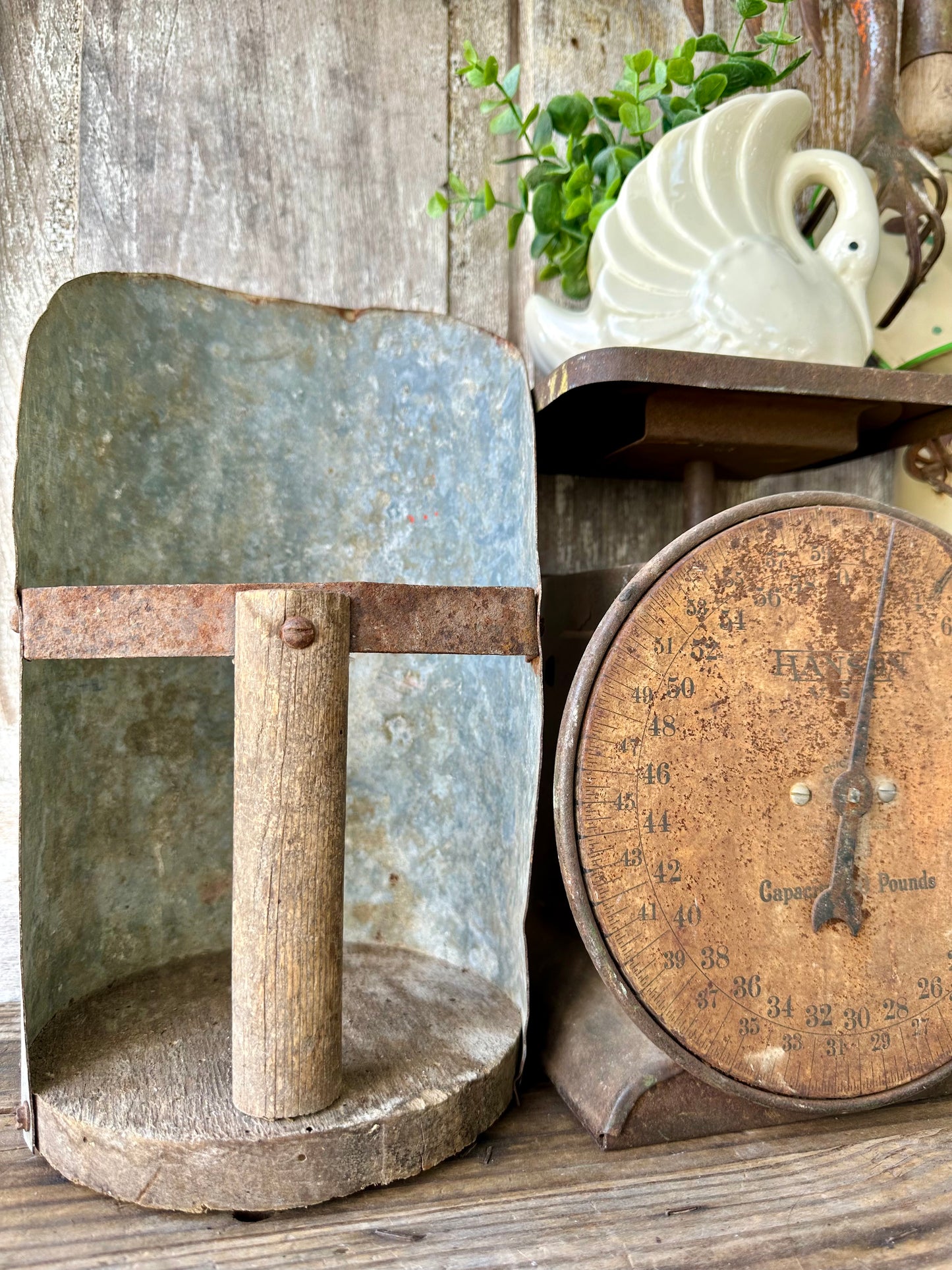 Galvanized Metal & Wood Hand Scoop