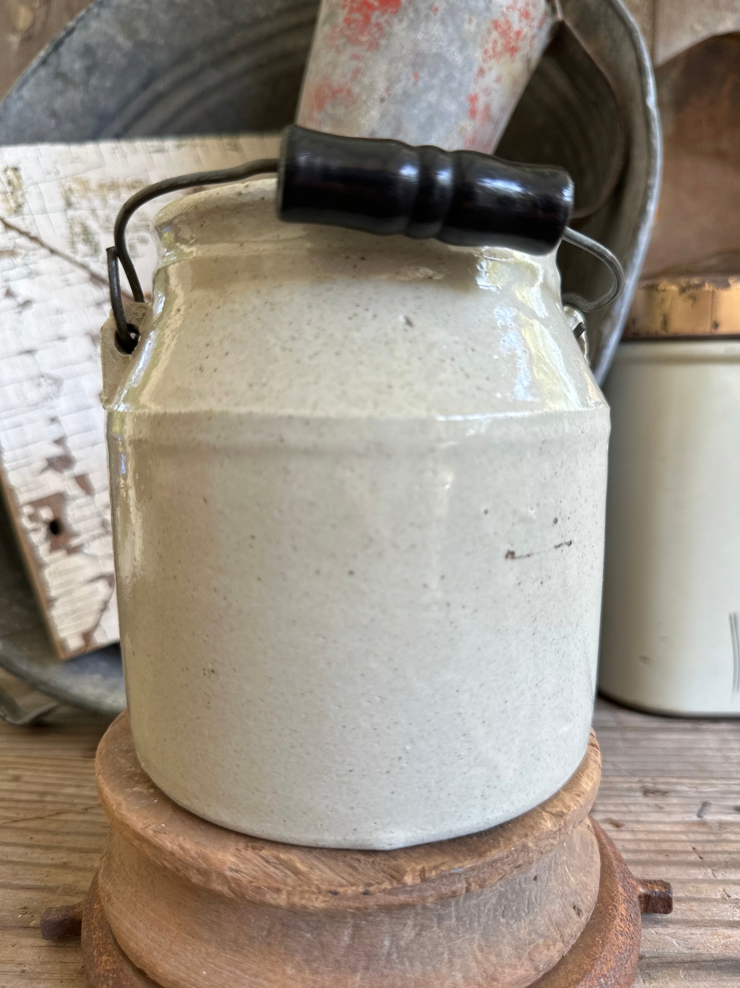 Crock With Wire & Wood Handle