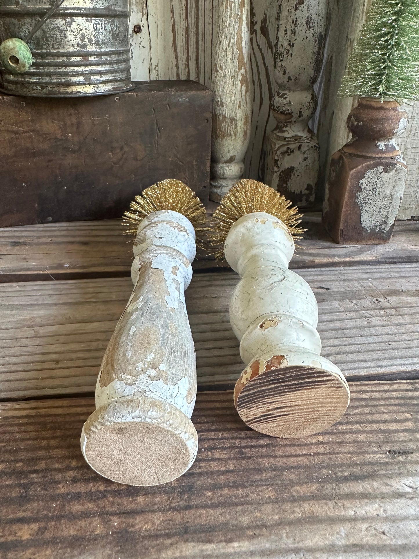 Salvage Wood Spindle With Christmas Gold Tree Set Of Two