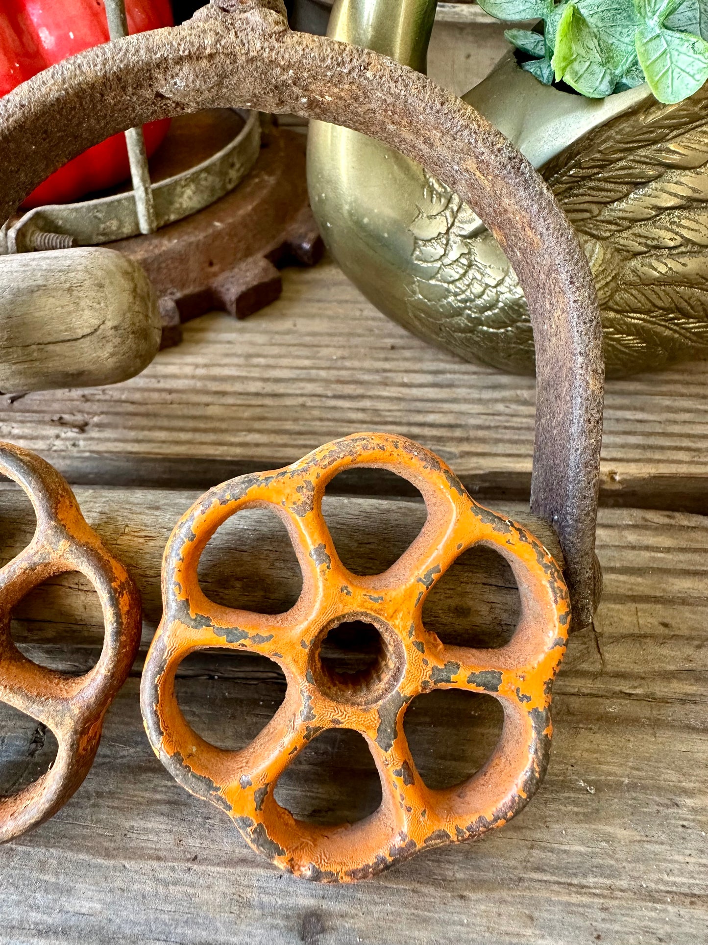 Valve Handles Chippy Orange Paint Rusty Metal Set Of Two