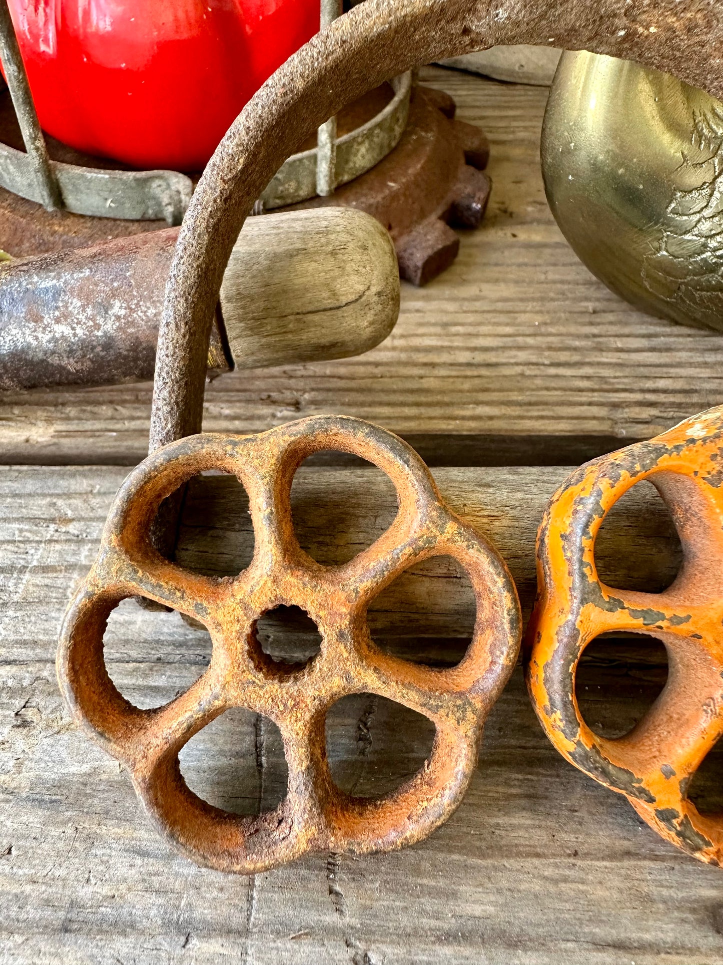 Valve Handles Chippy Orange Paint Rusty Metal Set Of Two