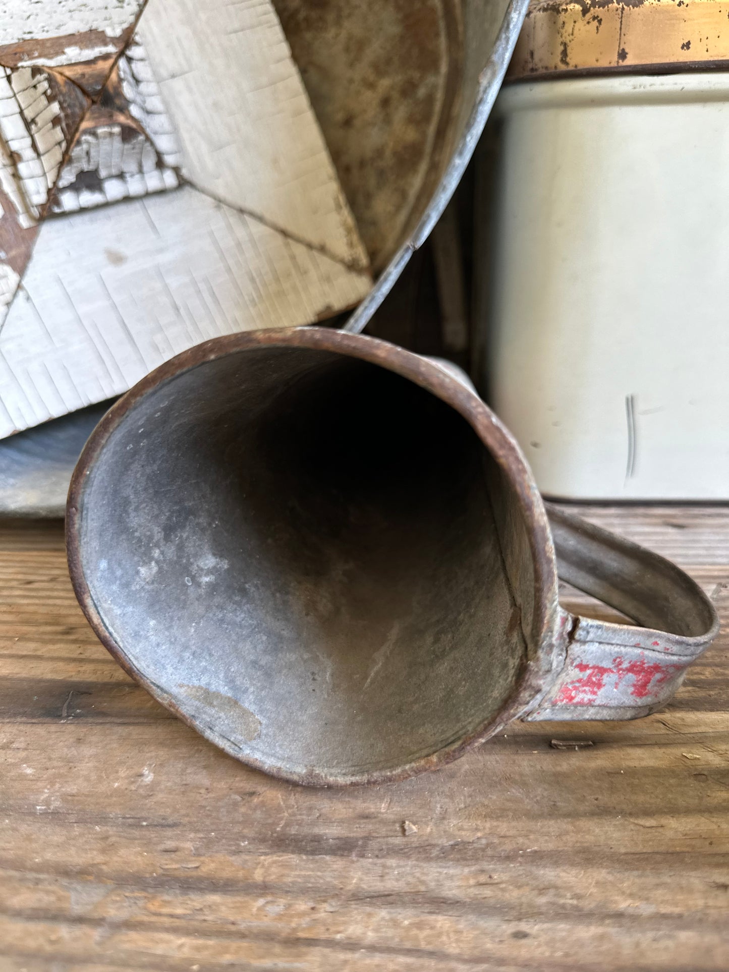 Galvanized Metal Funnel With Handle Chippy Red Paint
