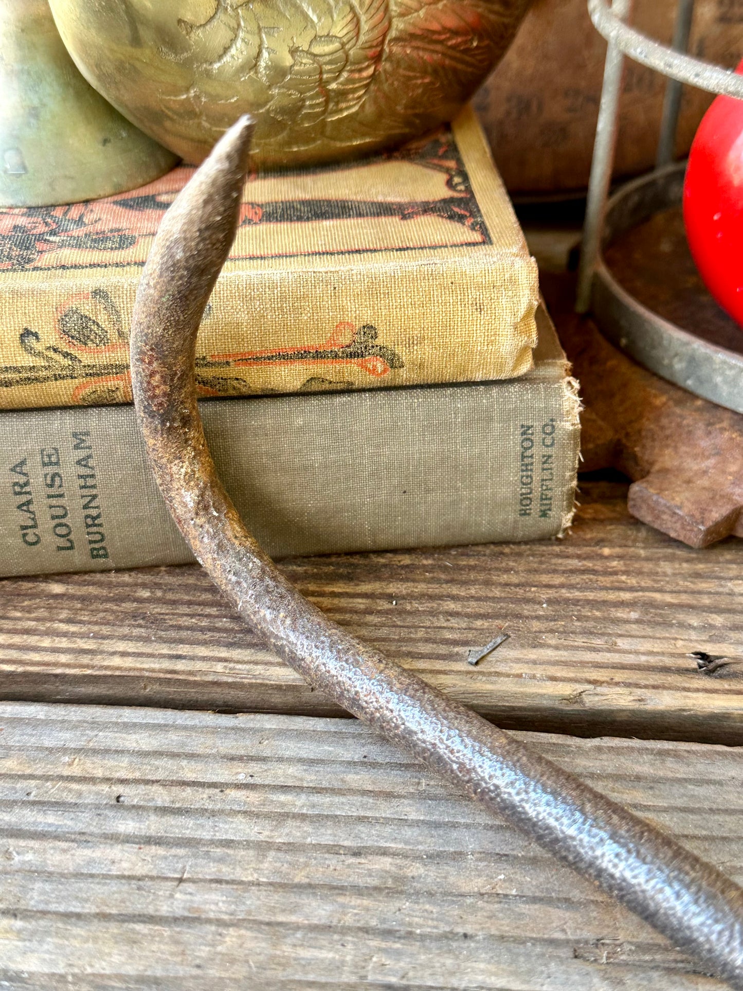 Hay Hook Rusty Metal Weathered Wood