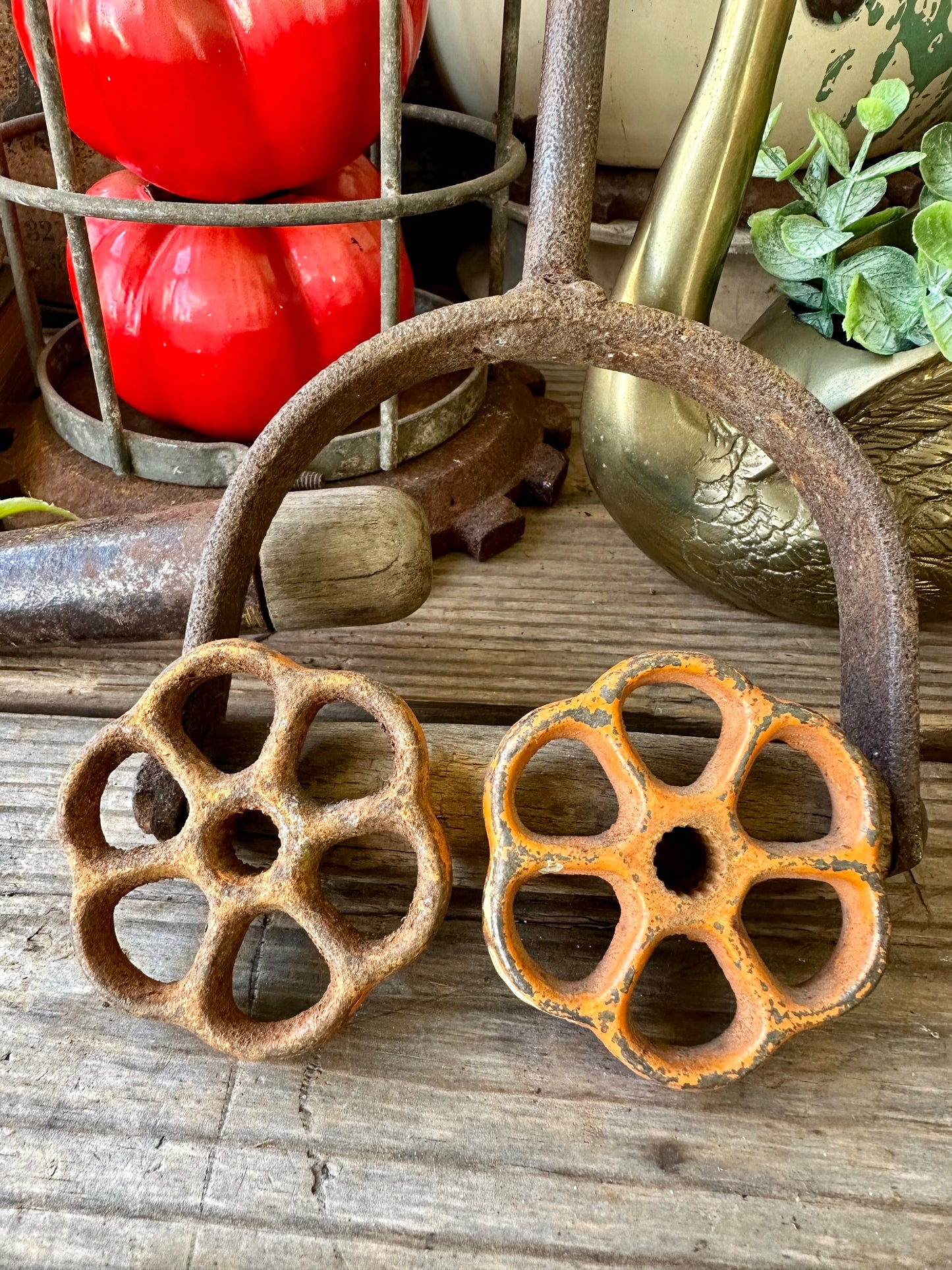 Valve Handles Chippy Orange Paint Rusty Metal Set Of Two