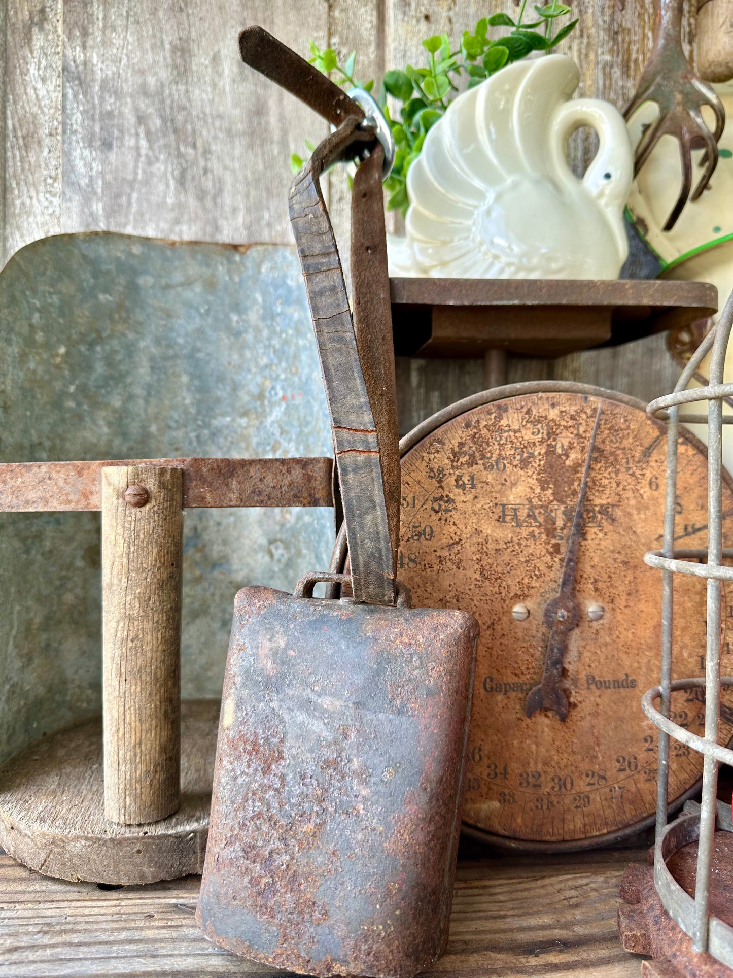 Cow Bell Rusty Metal With Clapper And Leather Strap
