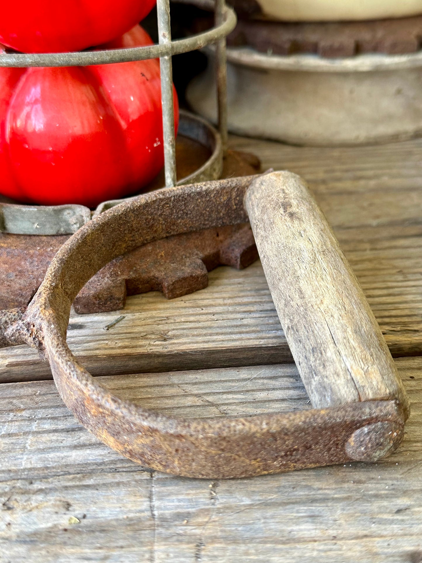 Hay Hook Rusty Metal Weathered Wood