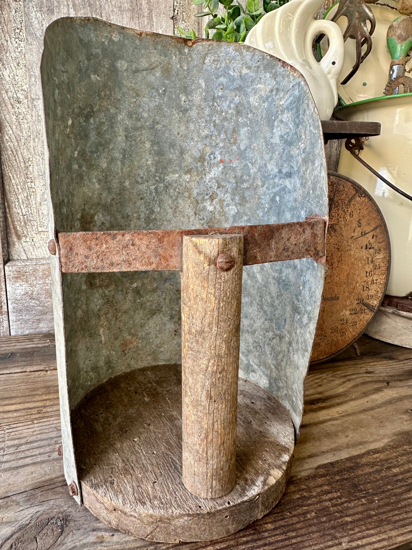 Galvanized Metal & Wood Hand Scoop