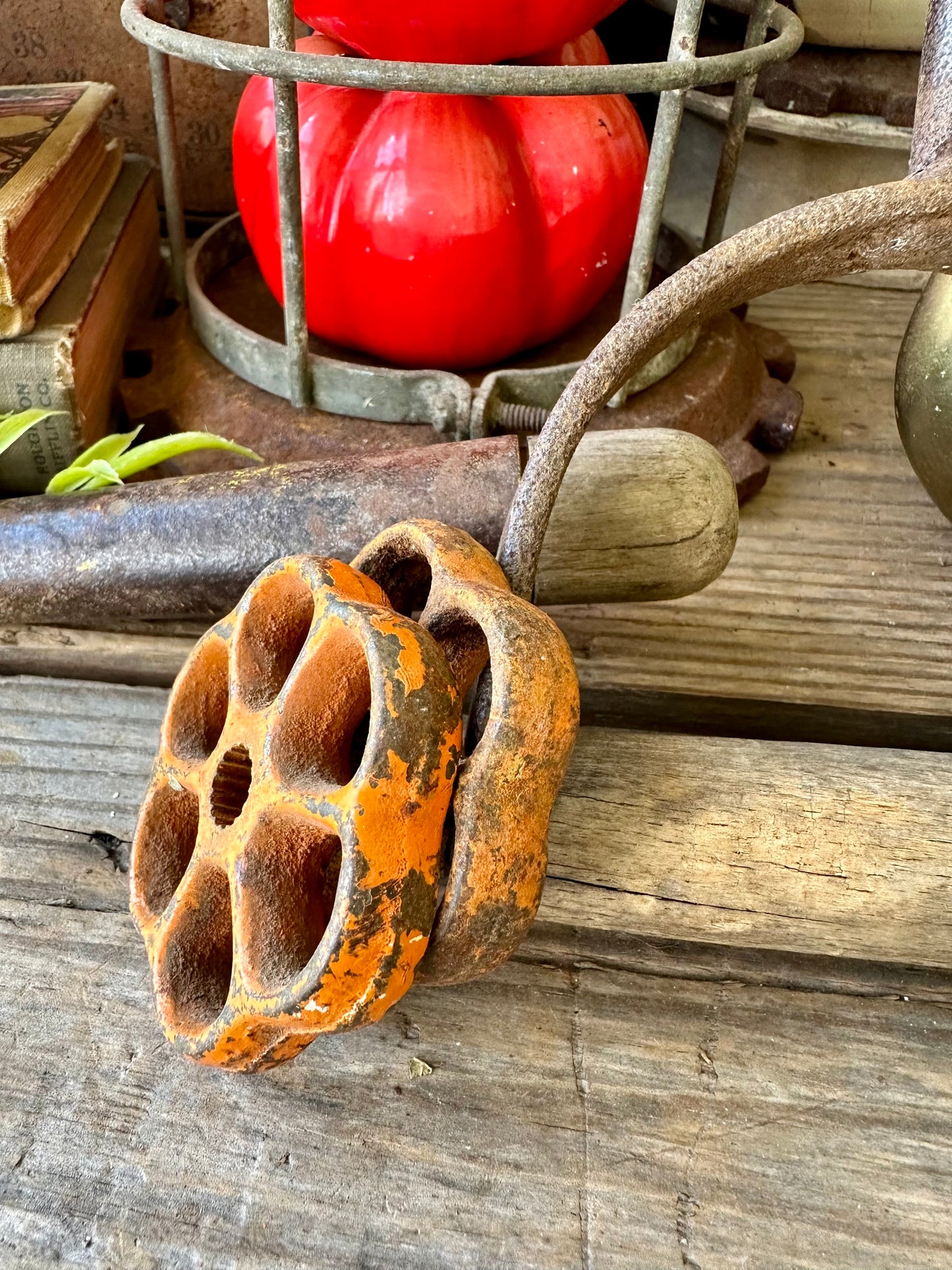 Valve Handles Chippy Orange Paint Rusty Metal Set Of Two