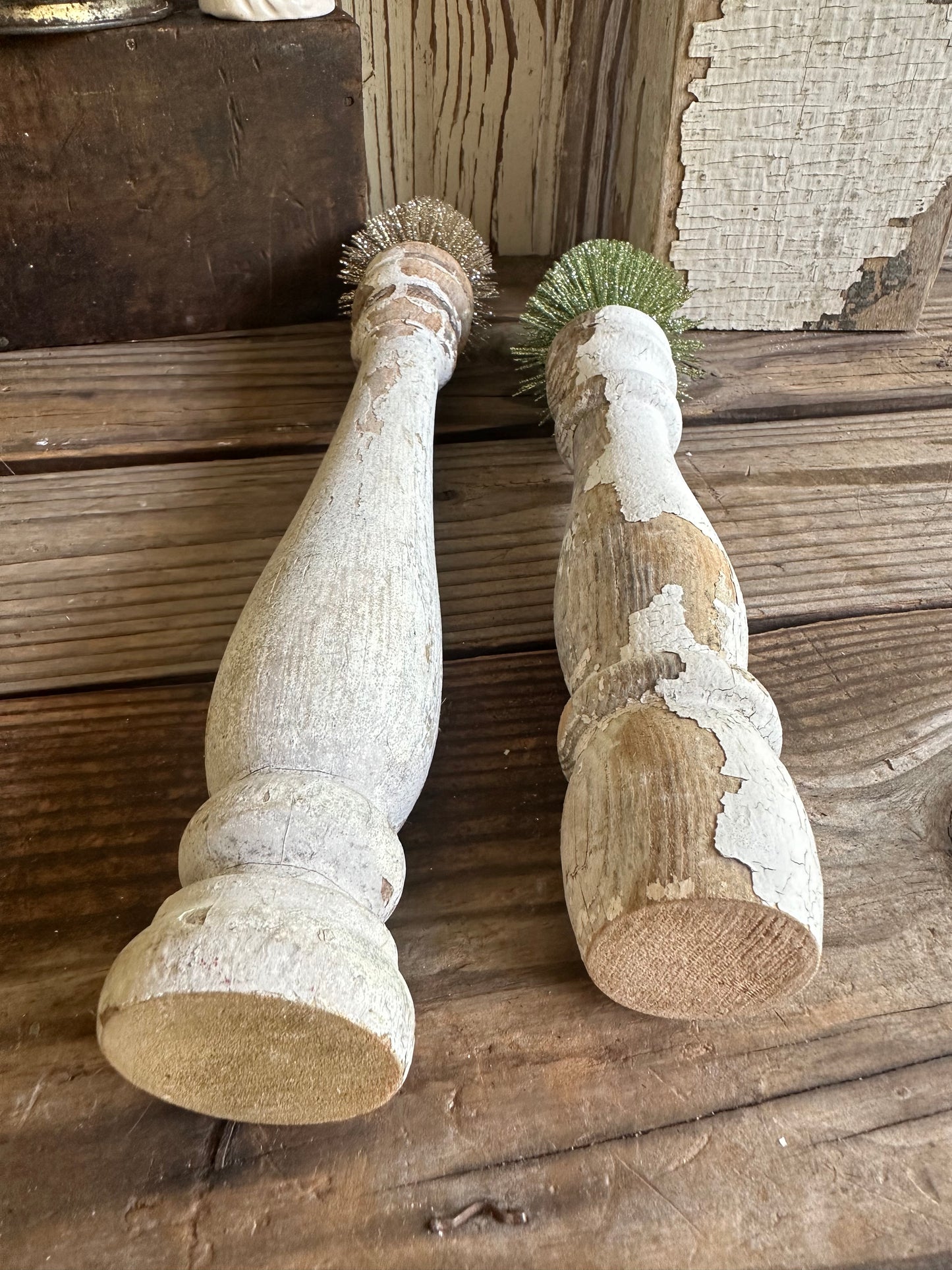 Salvage Wood Spindle With Bottle Brush Tree Set Of Two