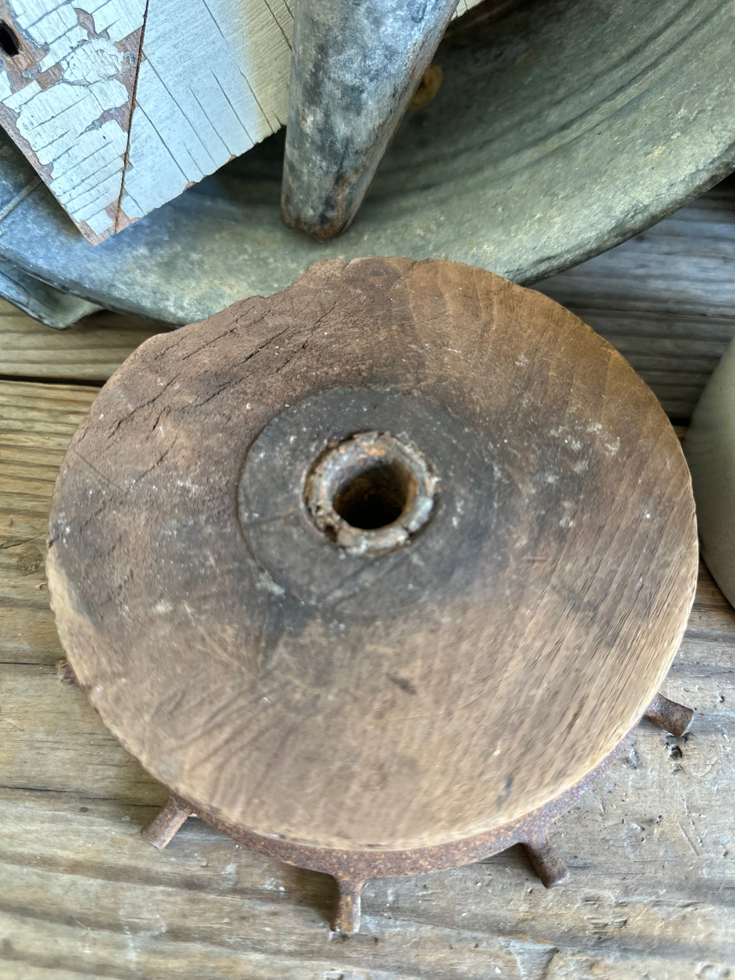 Salvage Wood Pulley Sheave & Metal Riser 2 Pc