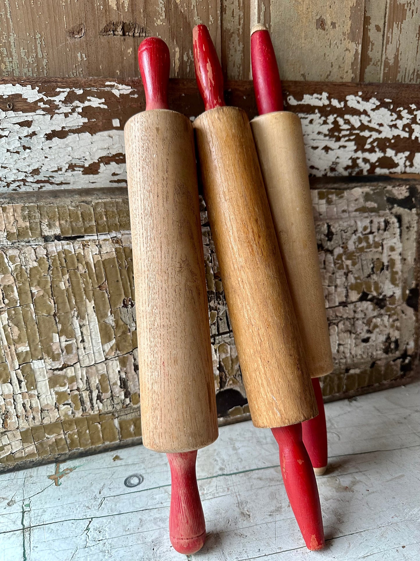 Rolling Pins With Red Chippy Paint Handles Set of 3