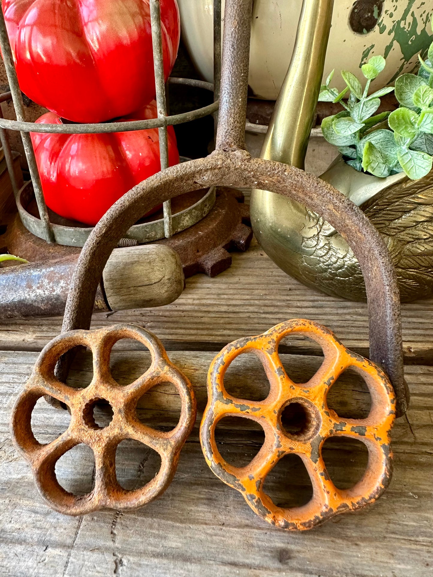 Valve Handles Chippy Orange Paint Rusty Metal Set Of Two