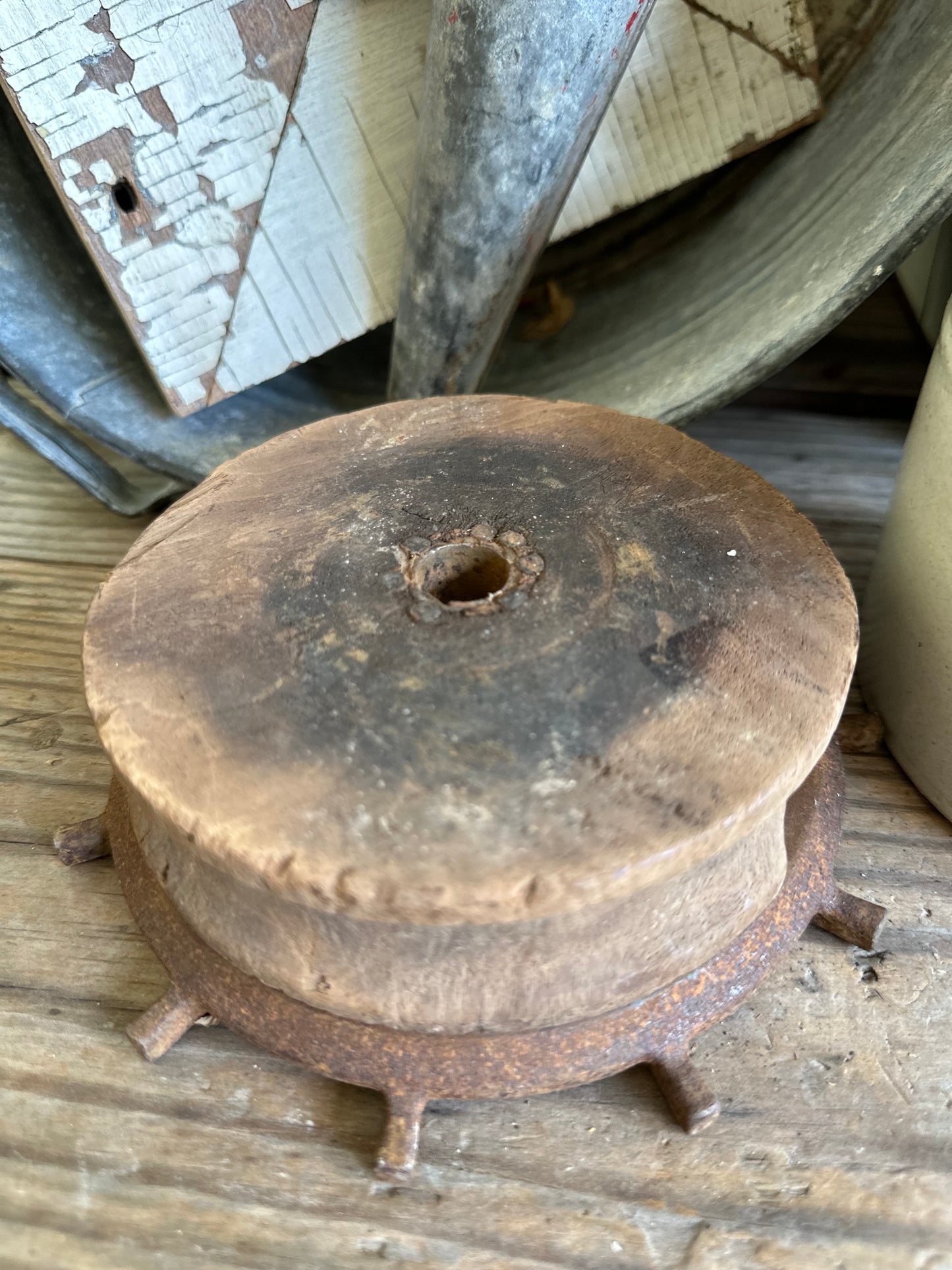 Salvage Wood Pulley Sheave & Metal Riser 2 Pc