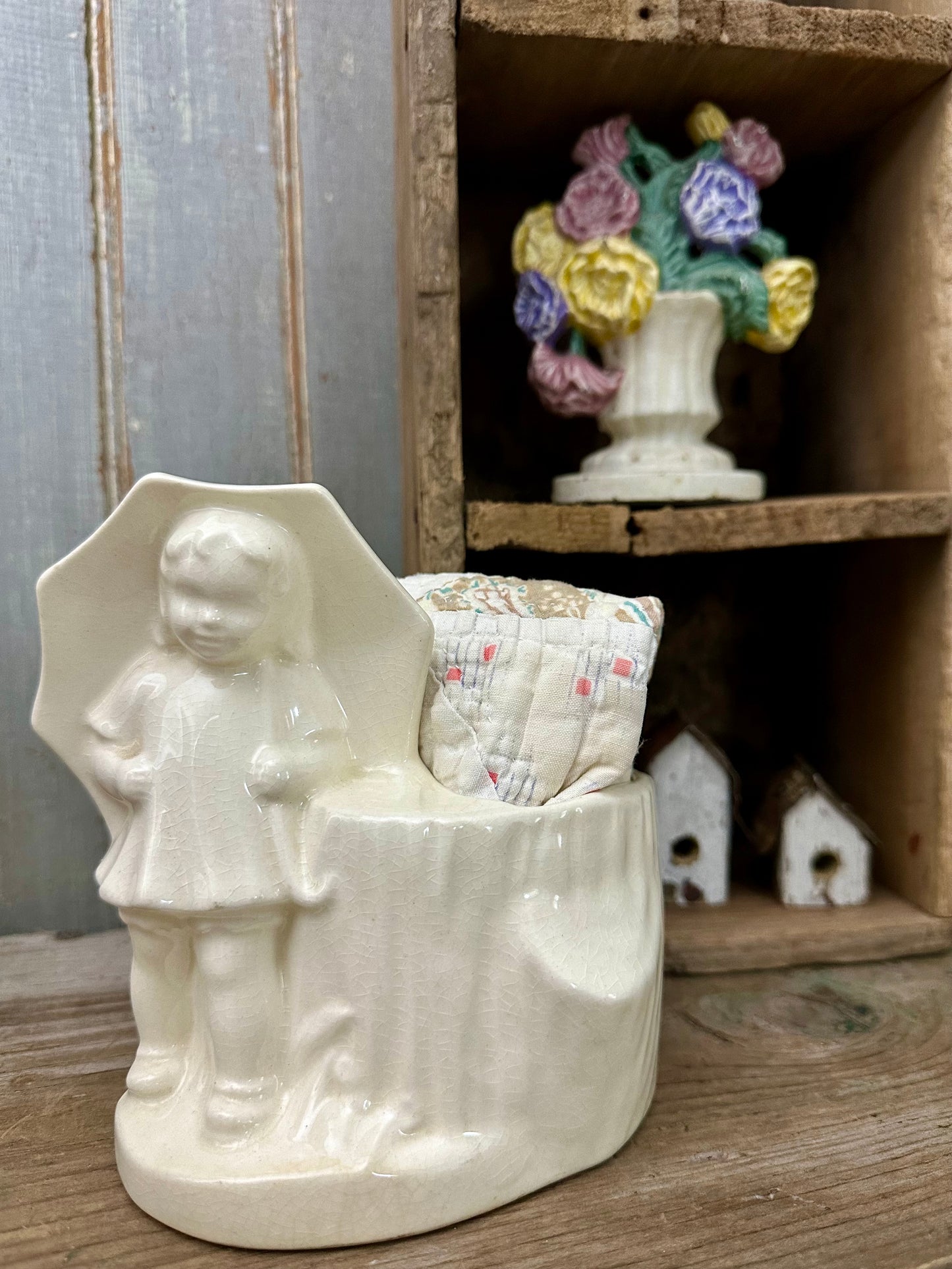 Girl With Umbrella Planter & Quilt Piece