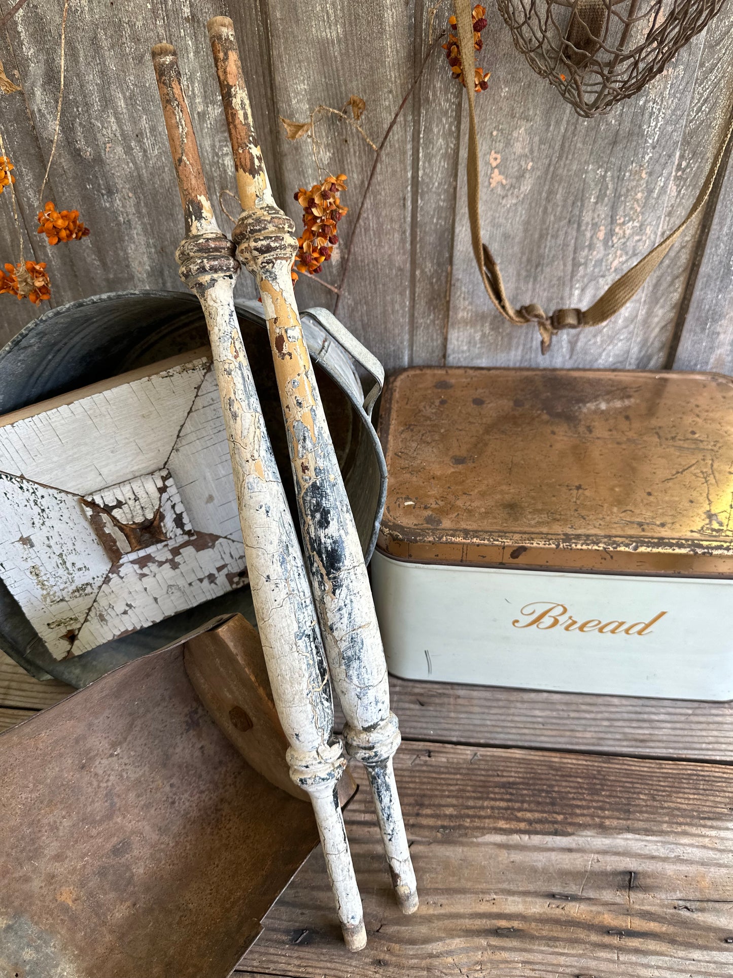 Salvage Wood Spindles Chippy Paint Set Of 2