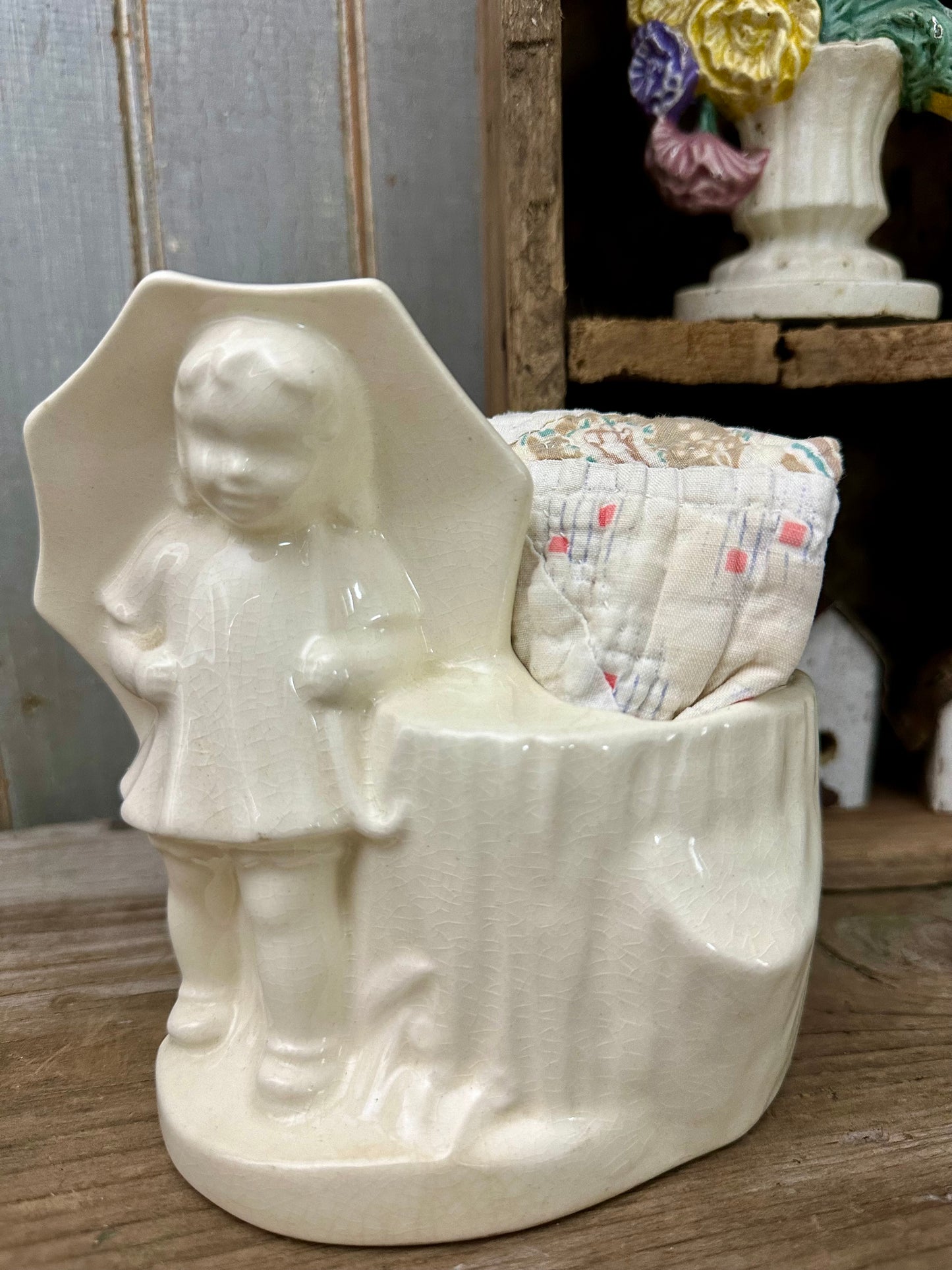 Girl With Umbrella Planter & Quilt Piece