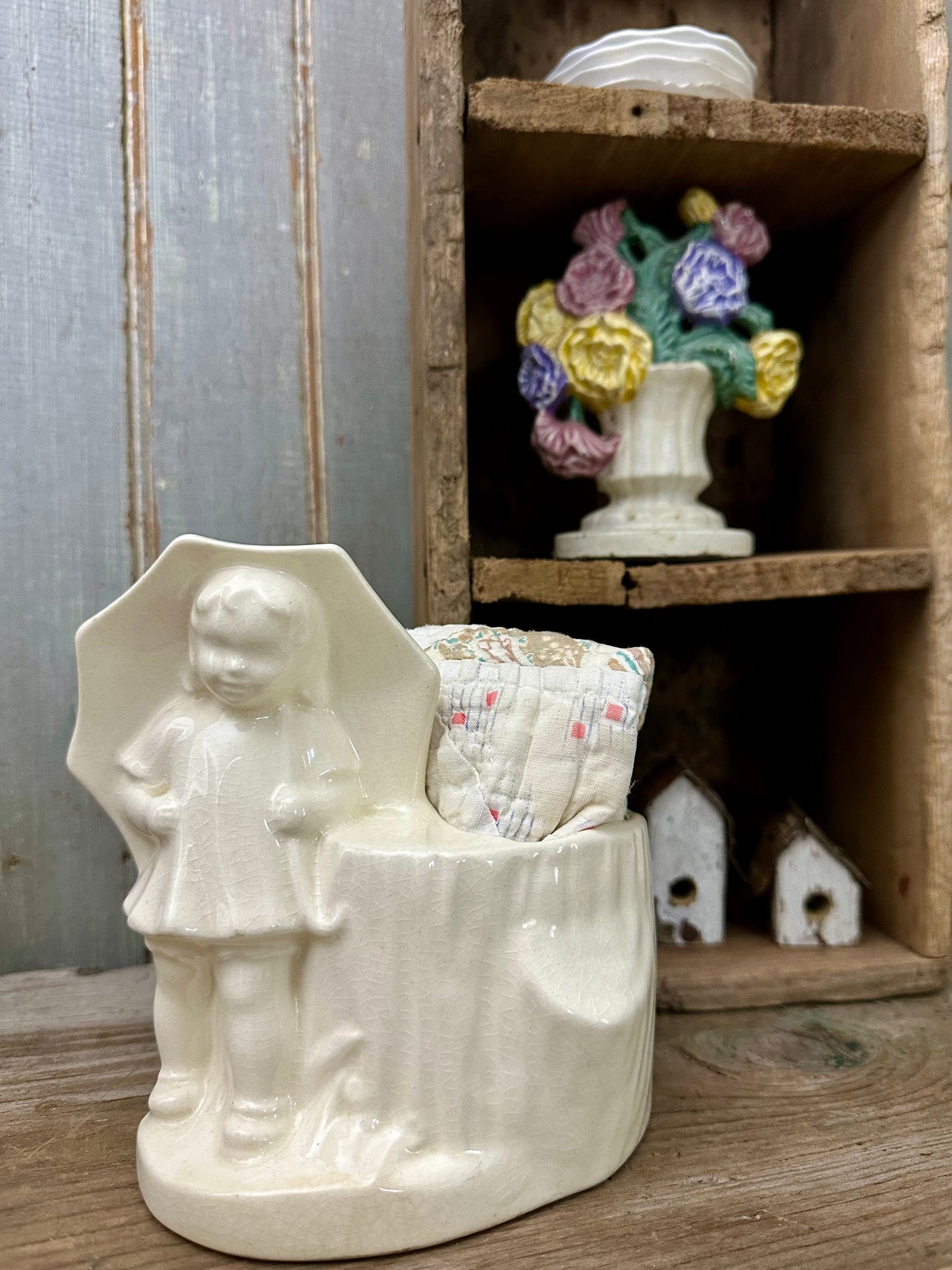 Girl With Umbrella Planter & Quilt Piece