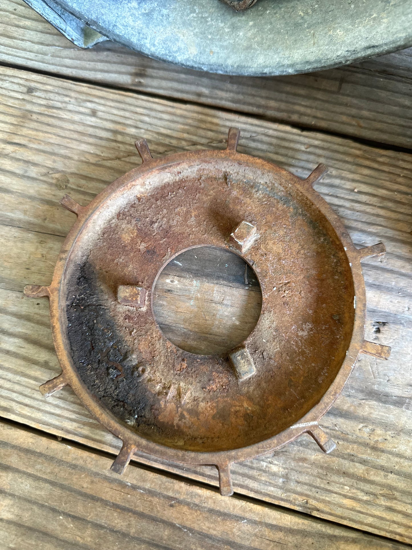 Salvage Wood Pulley Sheave & Metal Riser 2 Pc