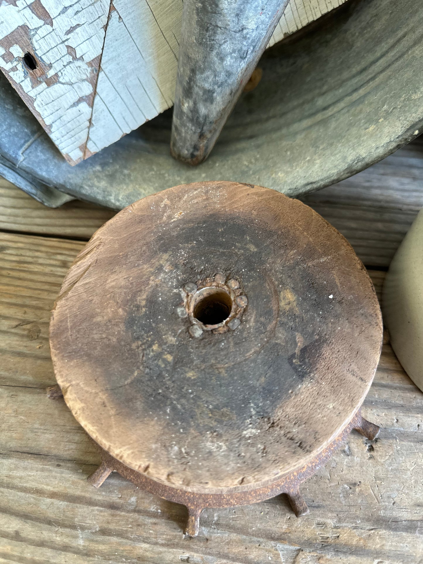 Salvage Wood Pulley Sheave & Metal Riser 2 Pc