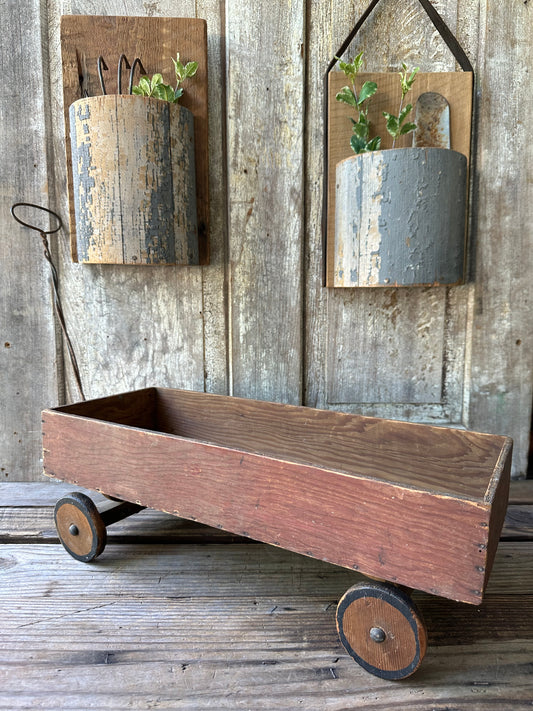 Wood Wagon With Metal Handle & Rolling Wheels