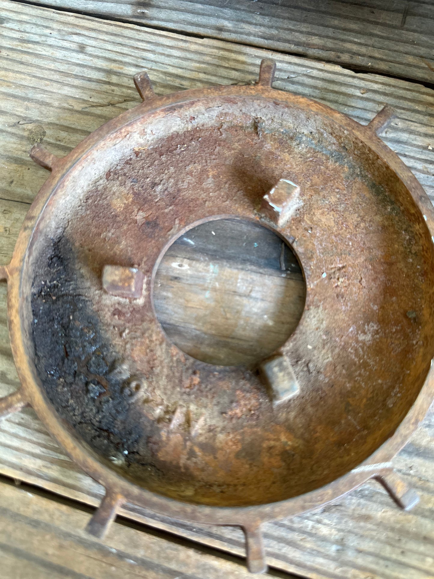 Salvage Wood Pulley Sheave & Metal Riser 2 Pc