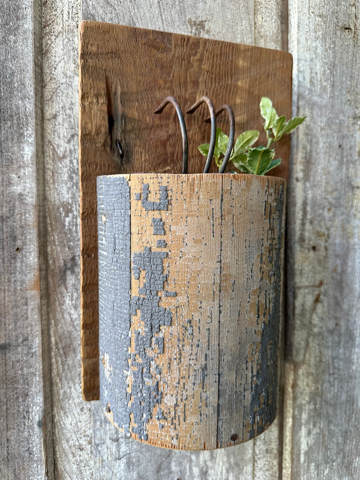 Handmade Salvage Post Wall Pocket With Garden Tool