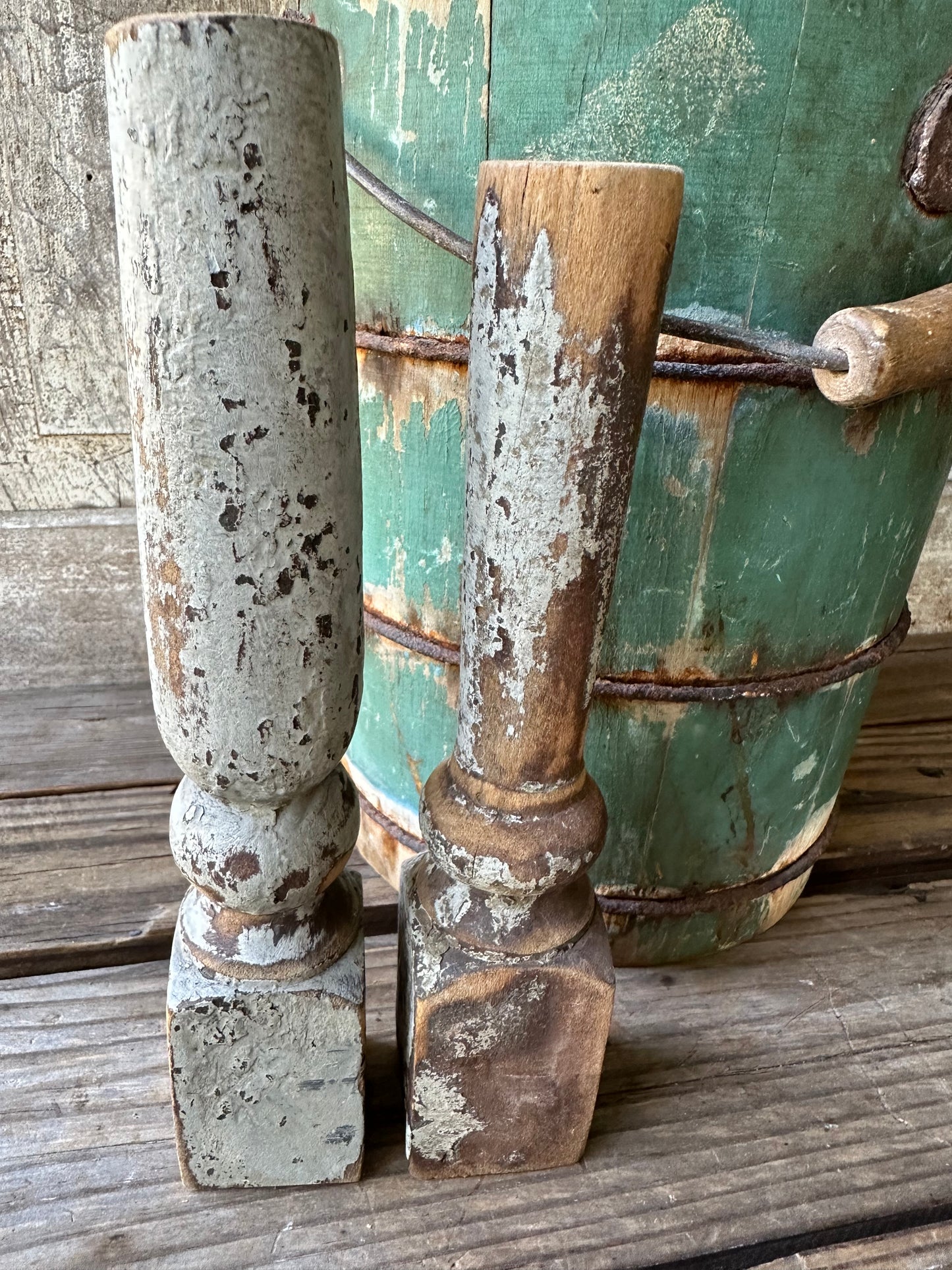 Weathered Wood And Gray Paint Spindles Set of Two