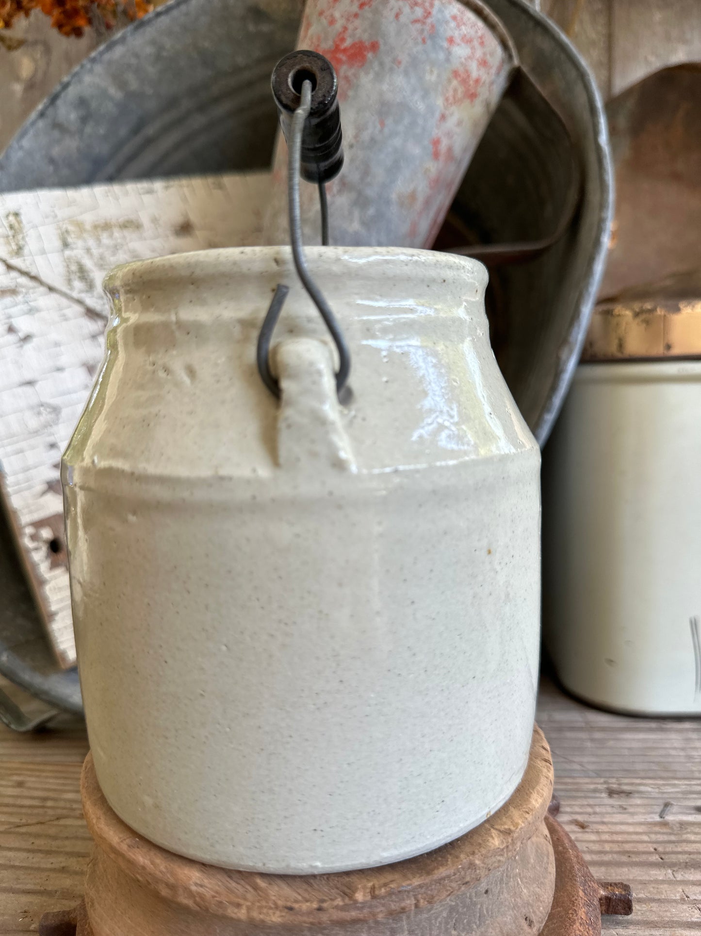 Crock With Wire & Wood Handle