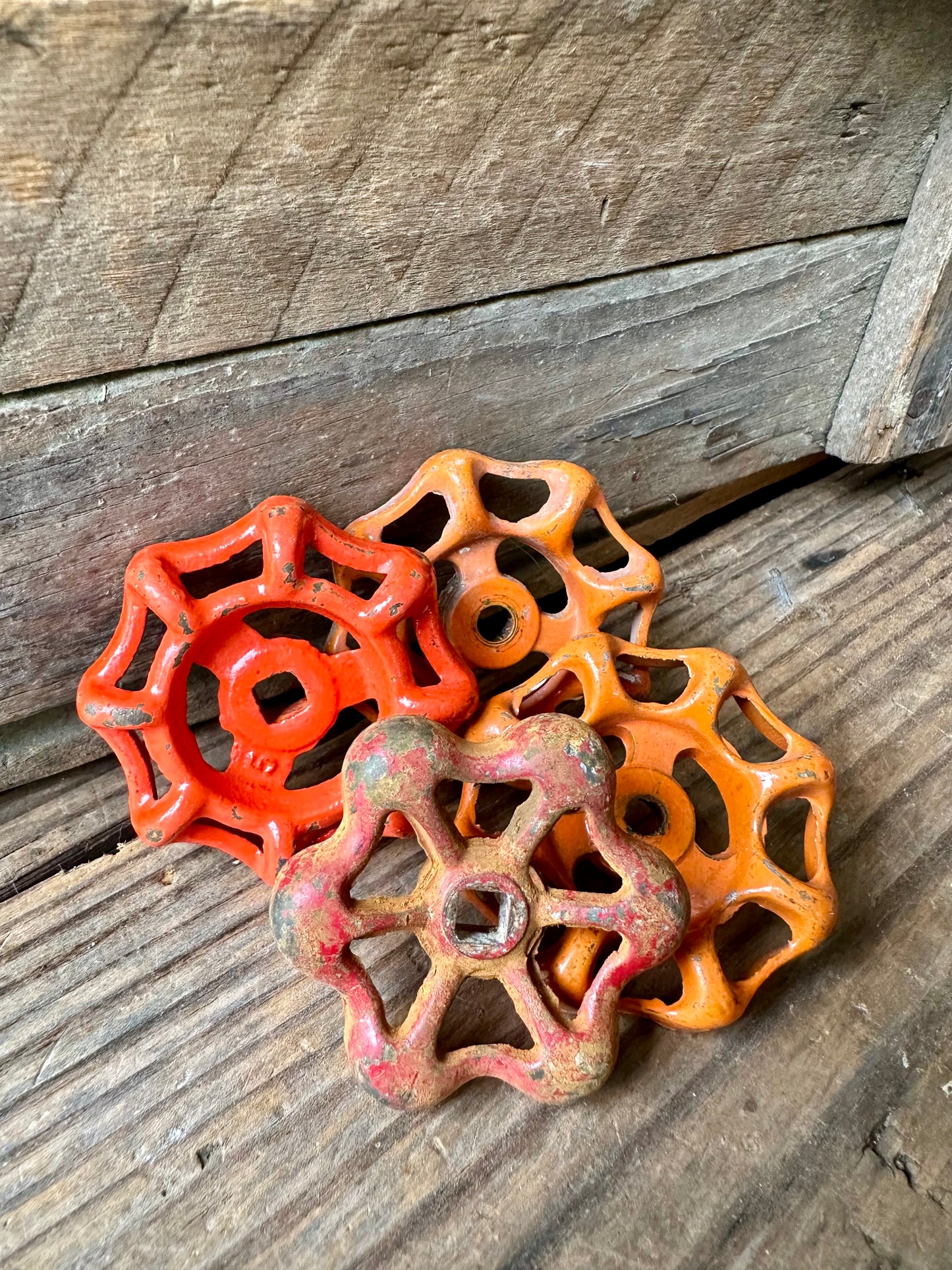 Orange & Red Rusty Metal Valve Handles Set Of Four