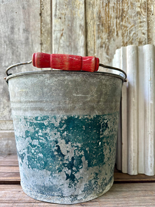 Galvanized Bucket With Chippy Teal Paint & Red Wood Handle