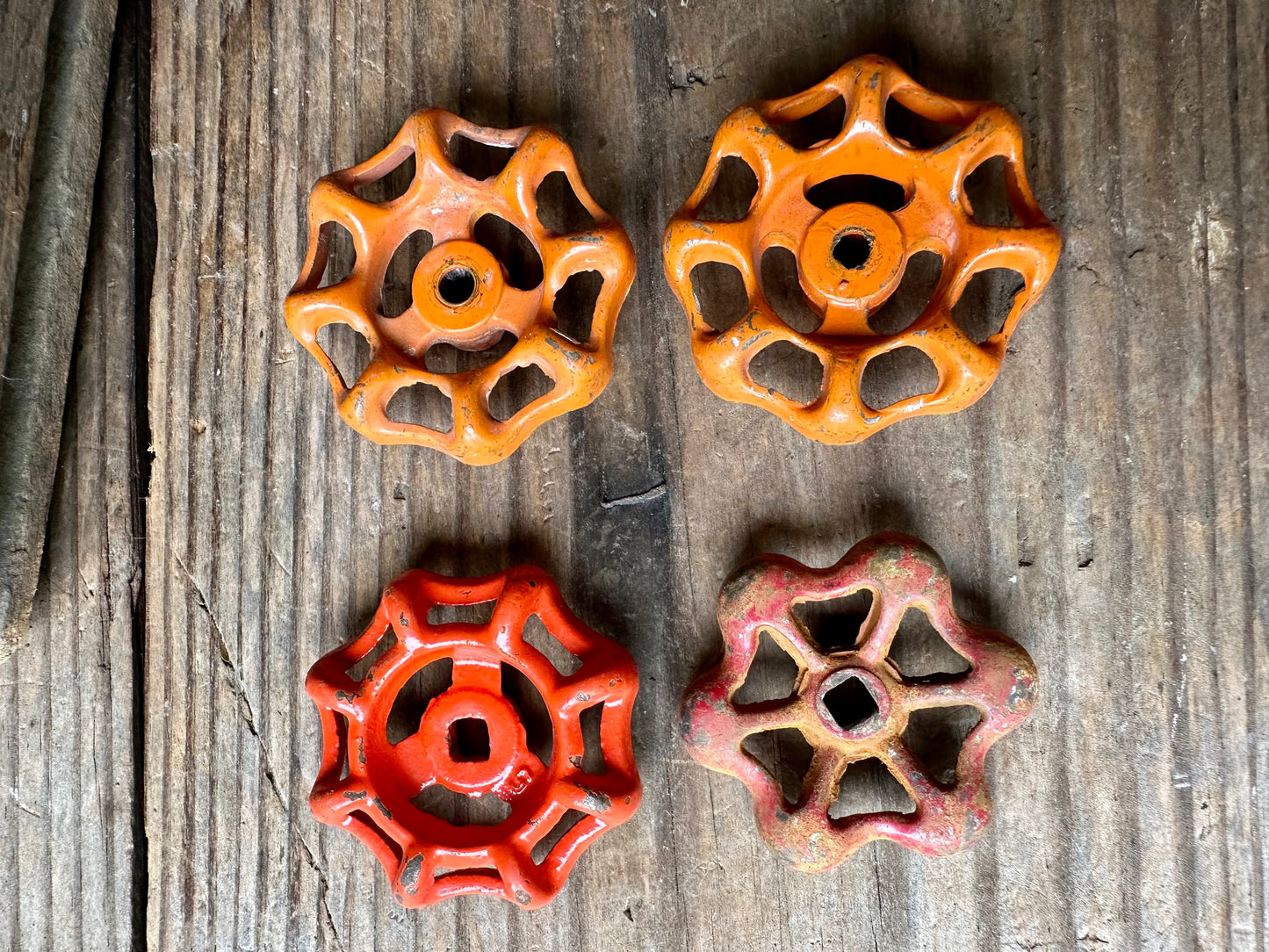 Orange & Red Rusty Metal Valve Handles Set Of Four