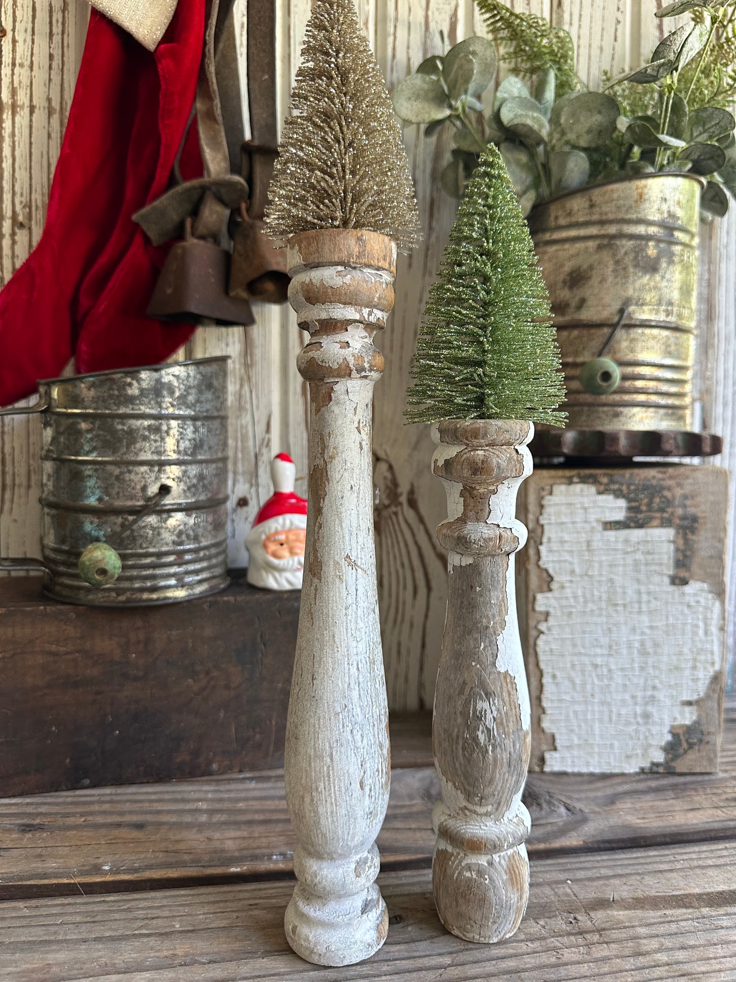 Salvage Wood Spindle With Bottle Brush Tree Set Of Two