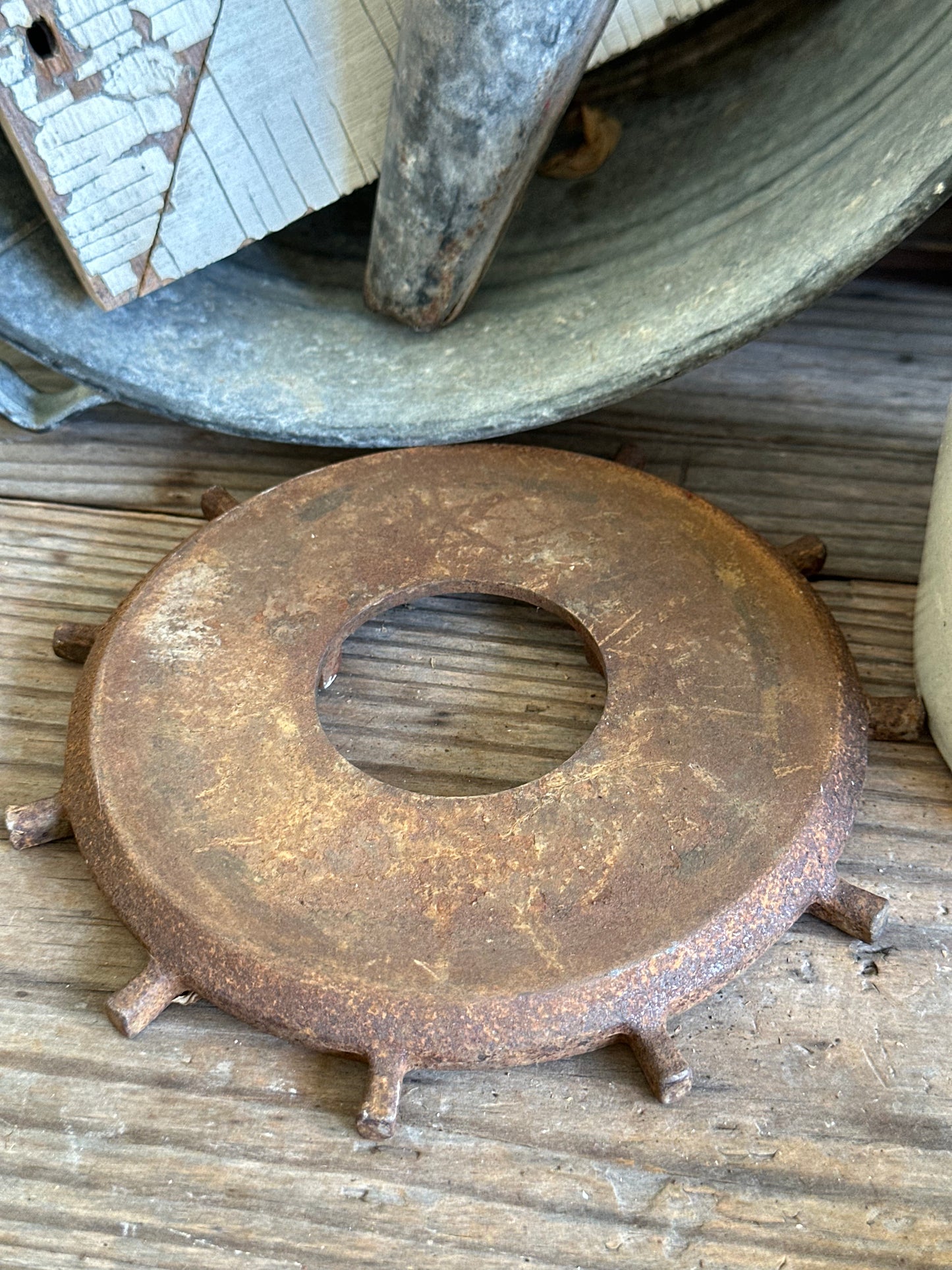 Salvage Wood Pulley Sheave & Metal Riser 2 Pc