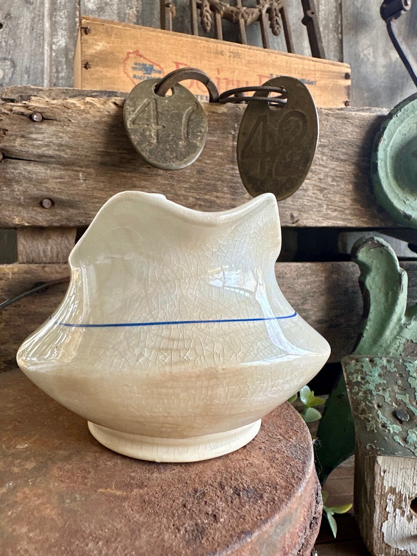 Floral Creamer With Handle Crazing Staining