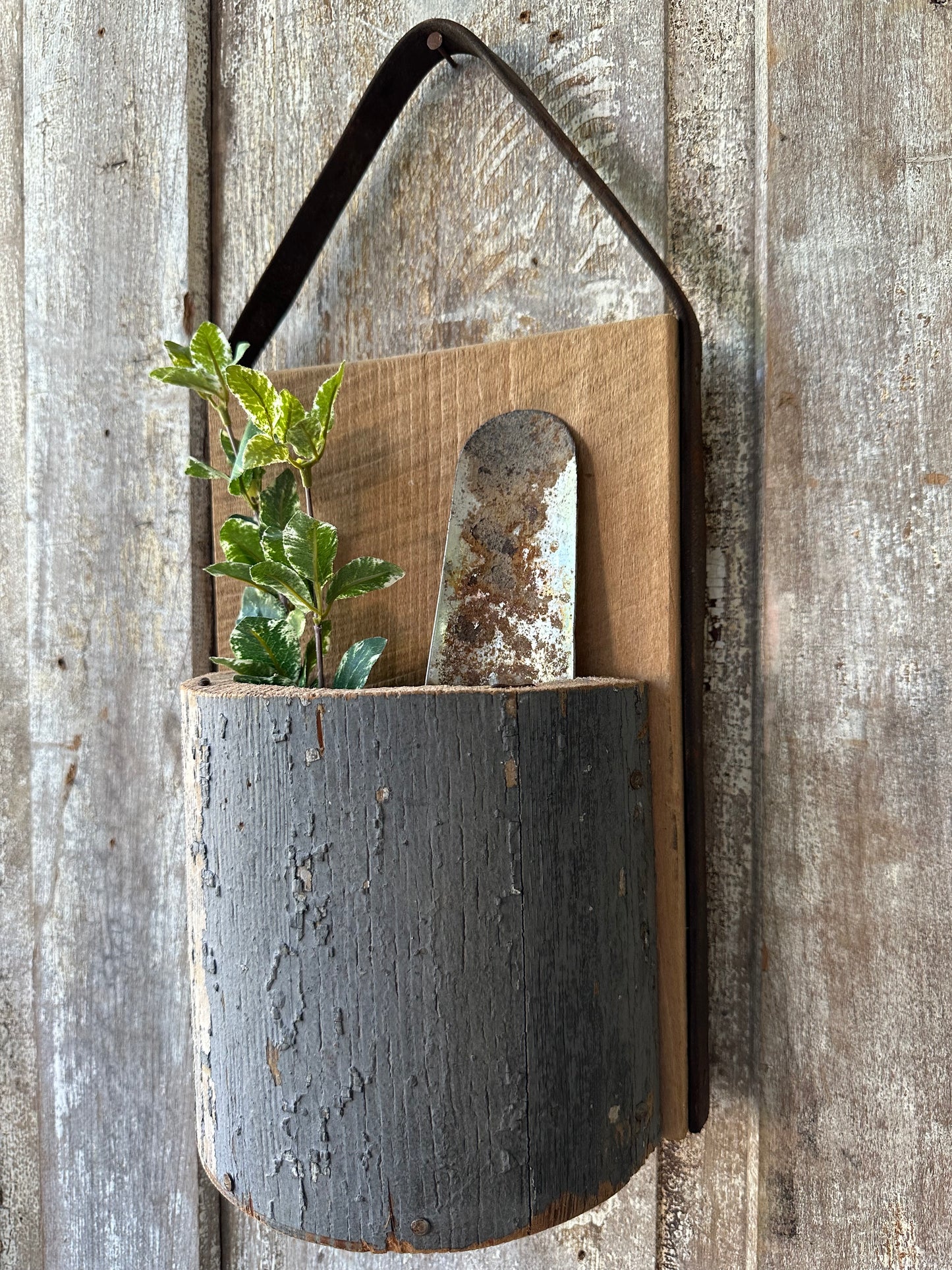 Handmade Salvage Post Wall Pocket With Garden Shovel