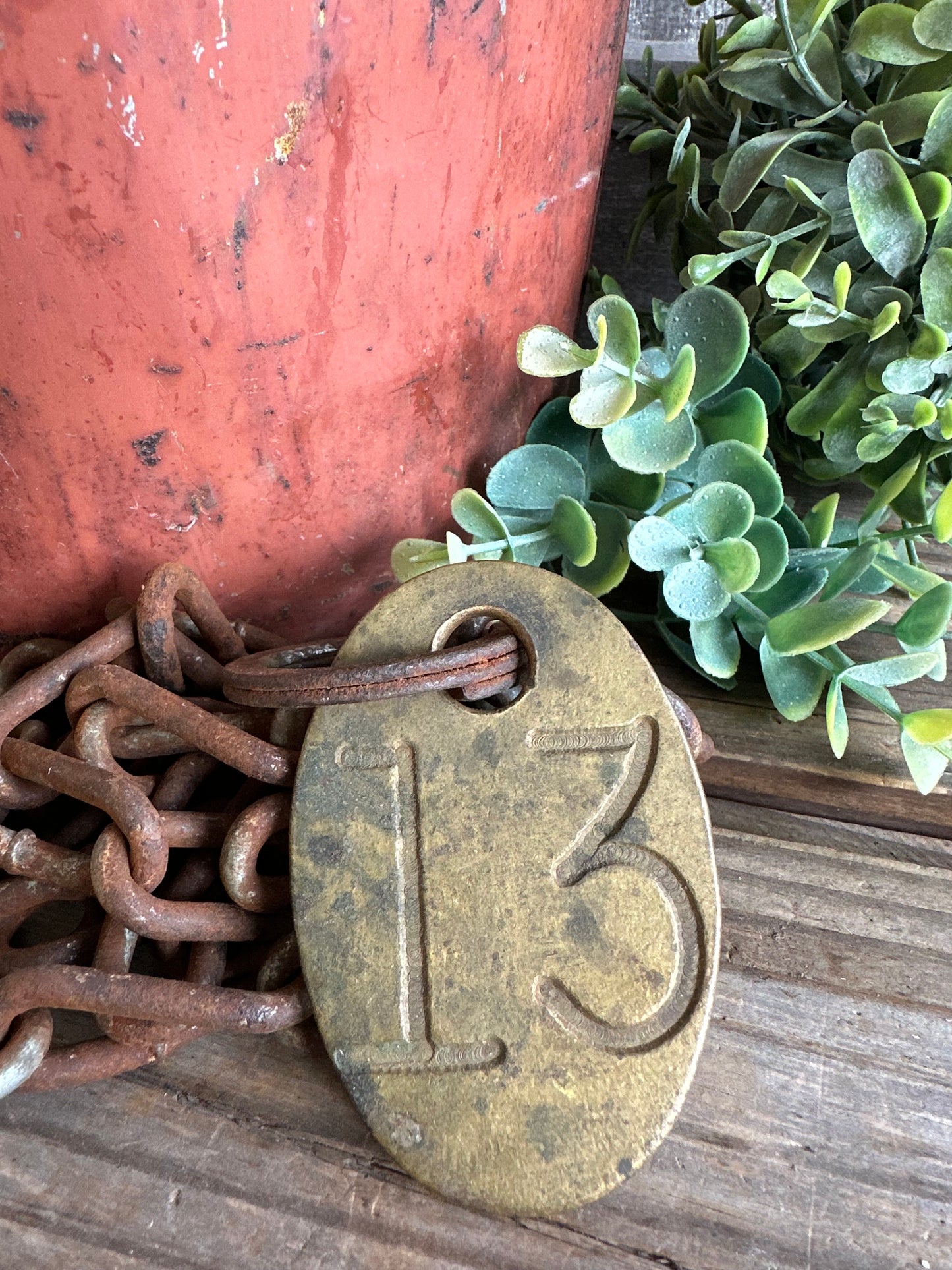 Cattle Brass Tag #13 With Rusty Metal Chain