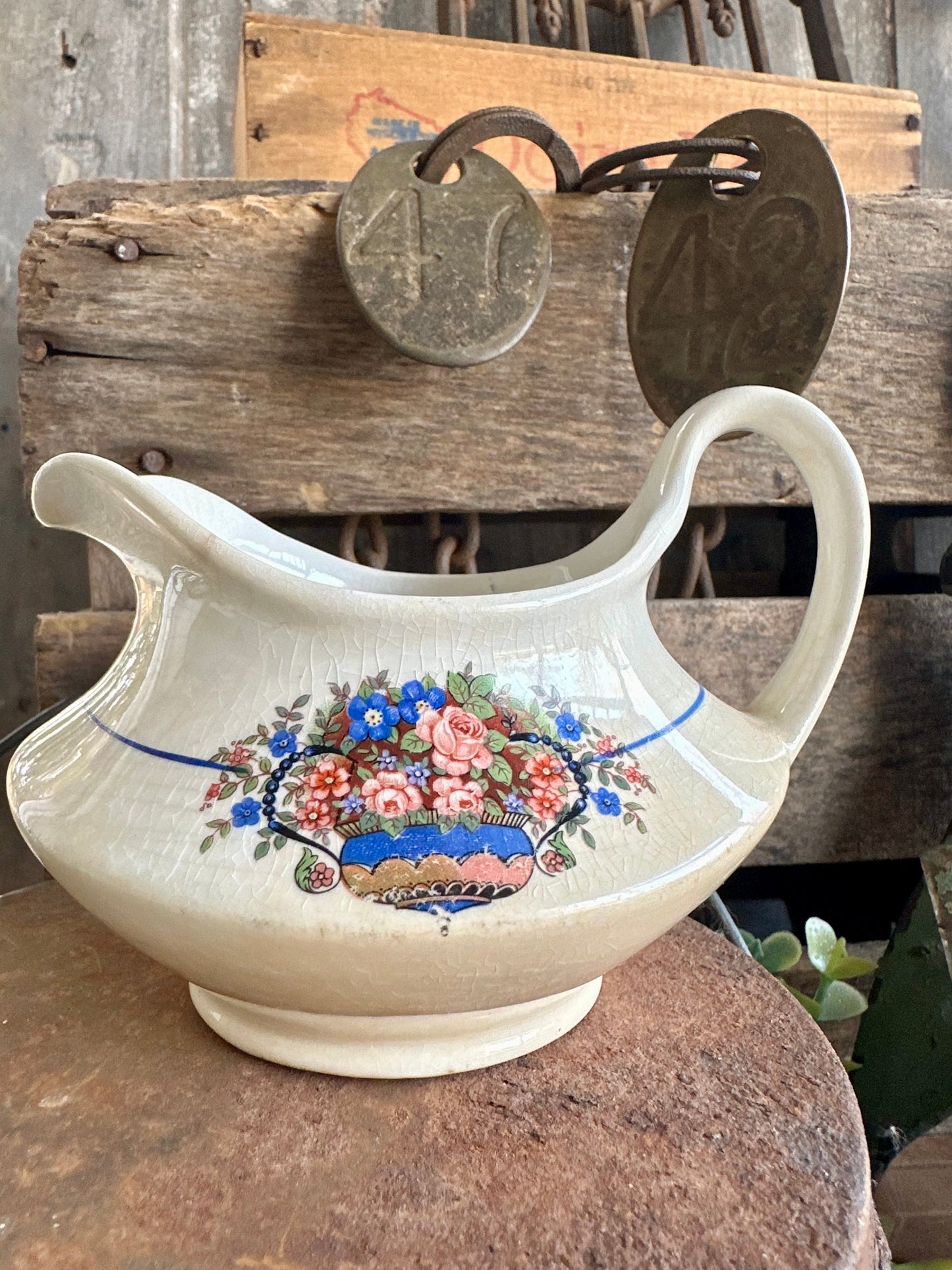 Floral Creamer With Handle Crazing Staining