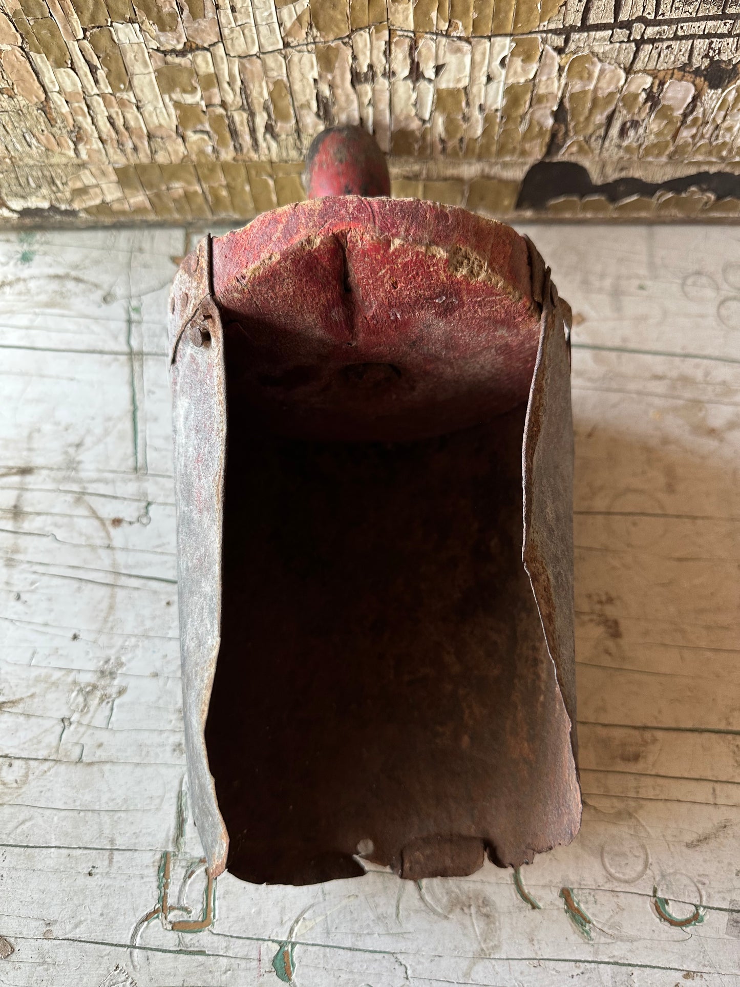 Weathered Red Paint Wood & Rusty Metal Scoop