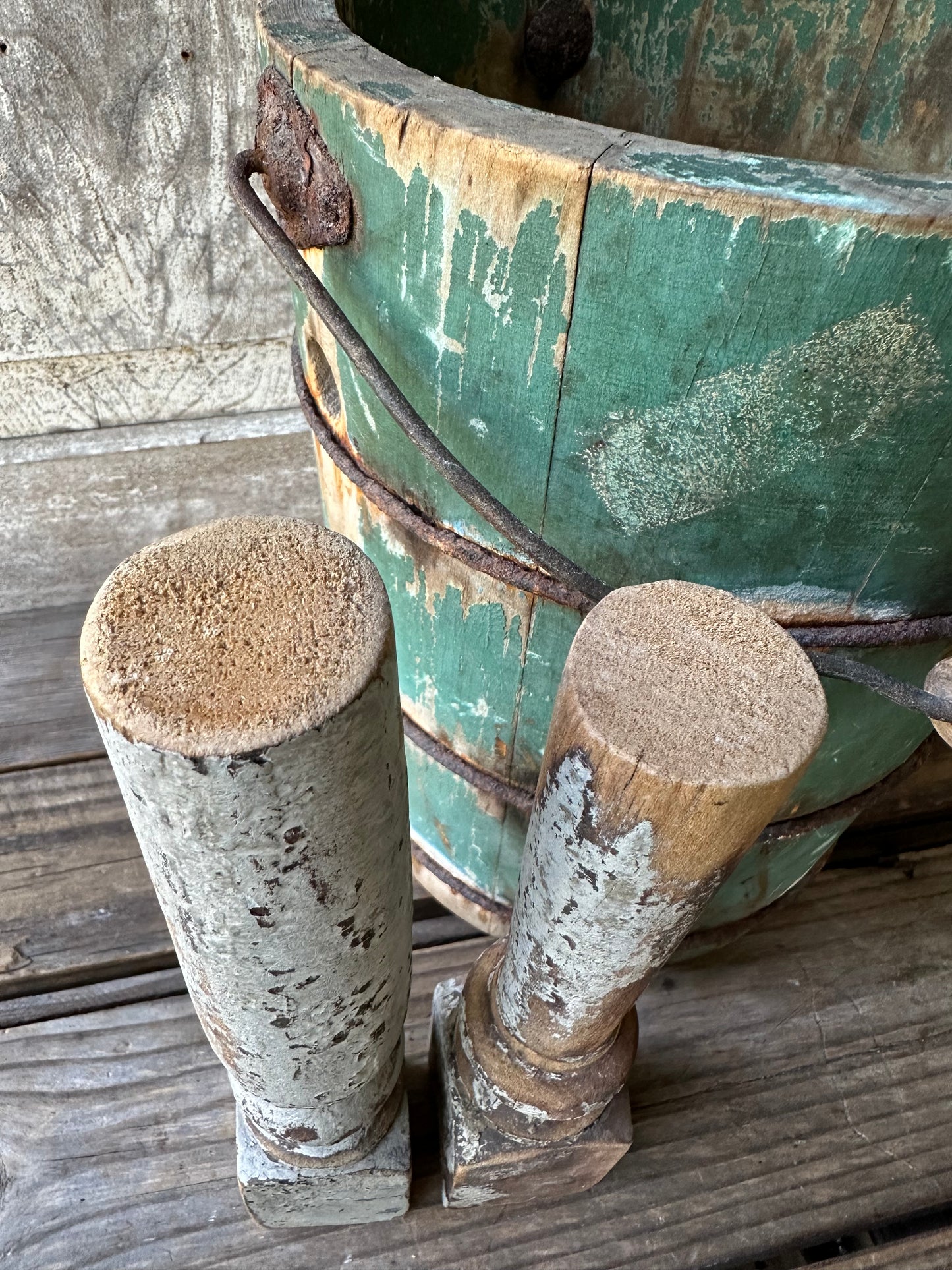 Weathered Wood And Gray Paint Spindles Set of Two