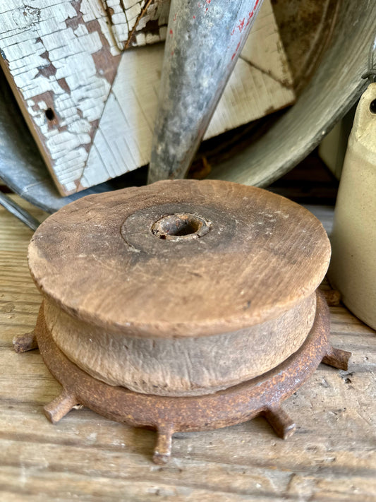 Salvage Wood Pulley Sheave & Metal Riser 2 Pc