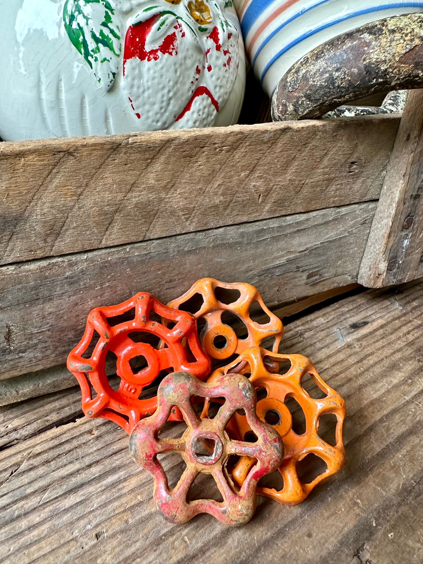 Orange & Red Rusty Metal Valve Handles Set Of Four