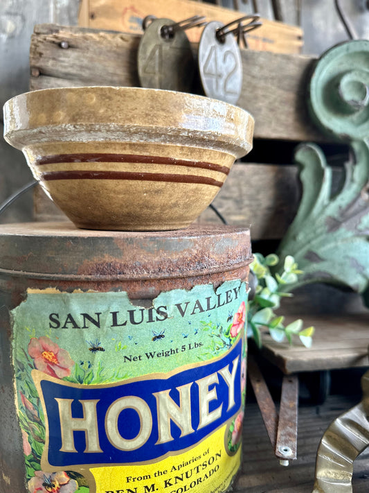 Yellowware Small Crock Bowl Brown Stripe Stained