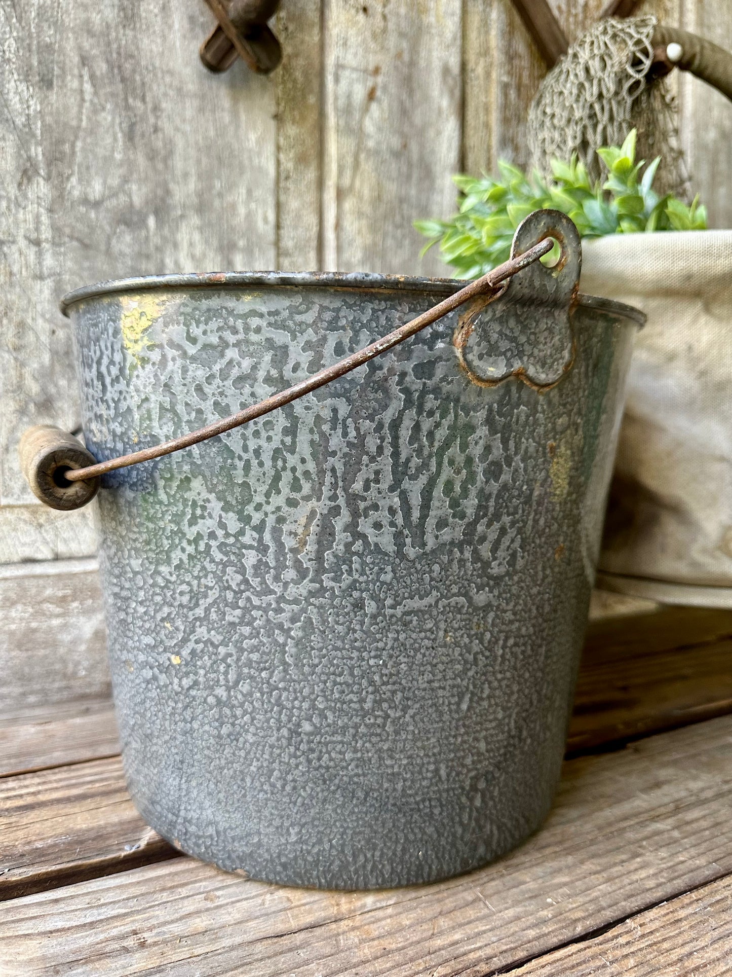 Gray Enamelware Bucket Wood Handle