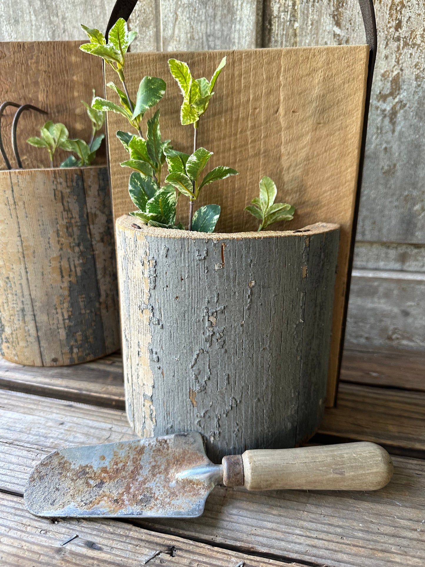 Handmade Salvage Post Wall Pocket With Garden Shovel