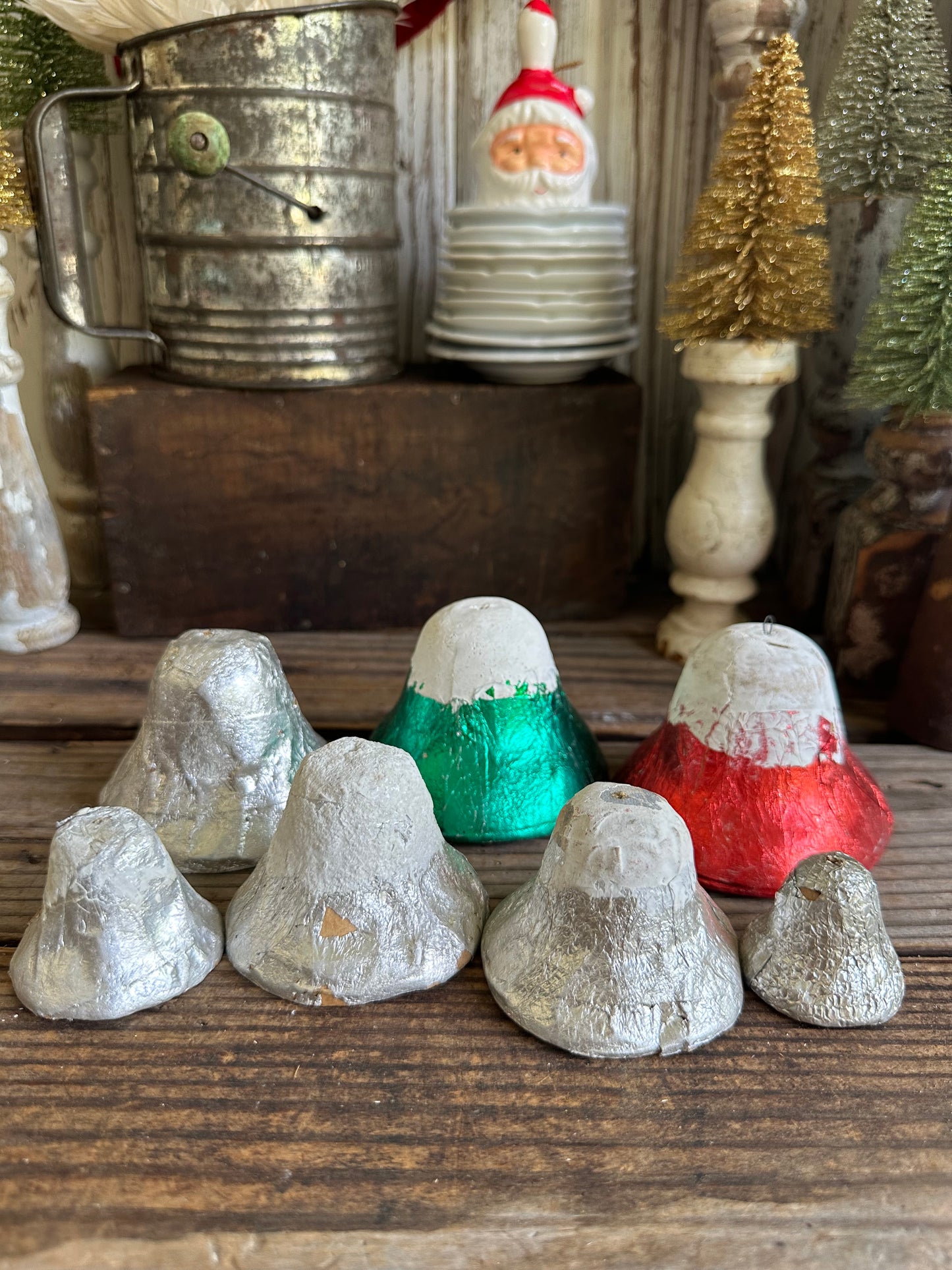 Paper Mache Foil Bells Set Of 7