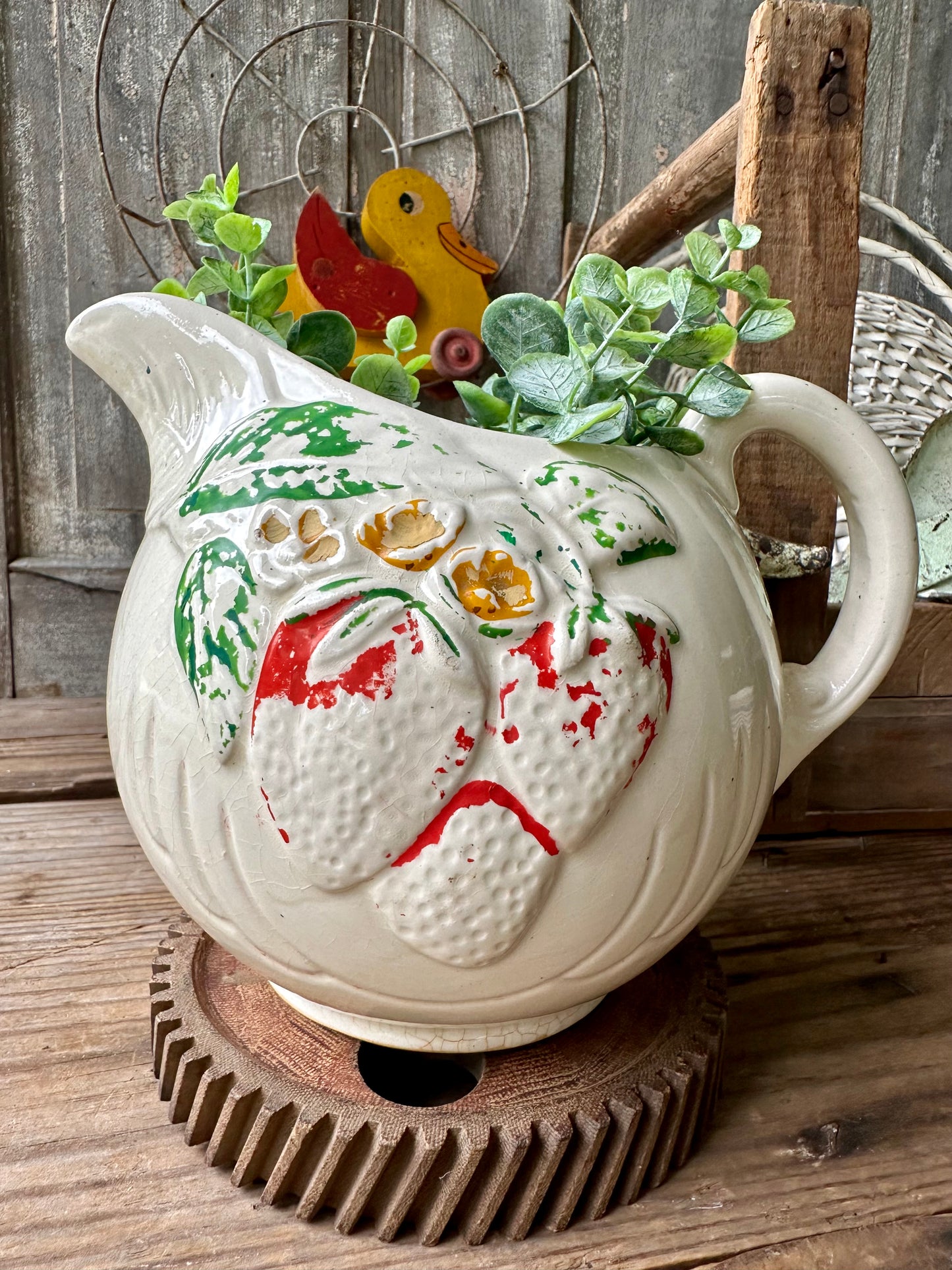 Strawberry Pattern Pitcher USA Crazed & Stained