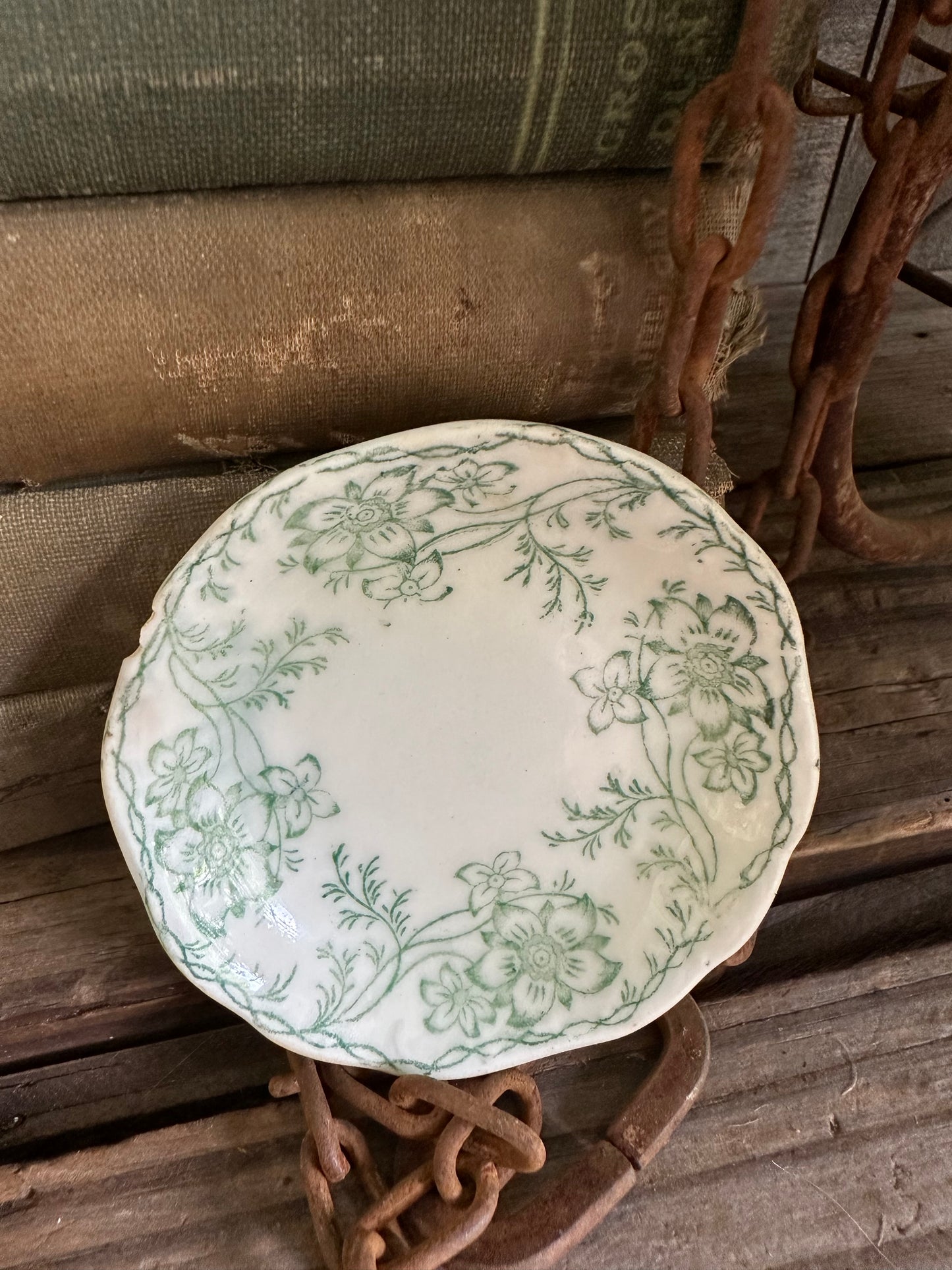 Butter Pat Green Floral Transferware