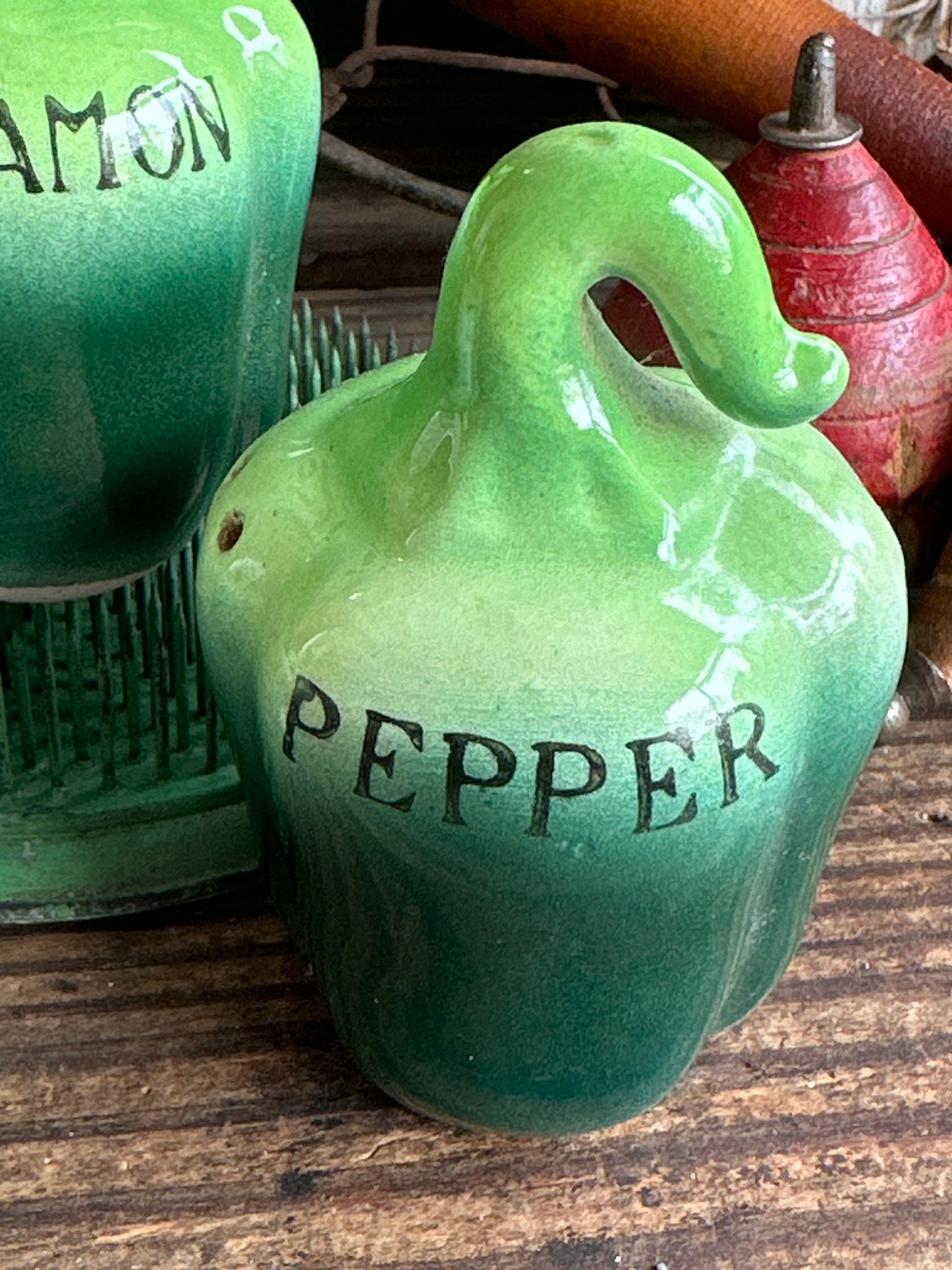 Green Pepper Shape Salt, Pepper & Cinnamon Shaker Set Of Three