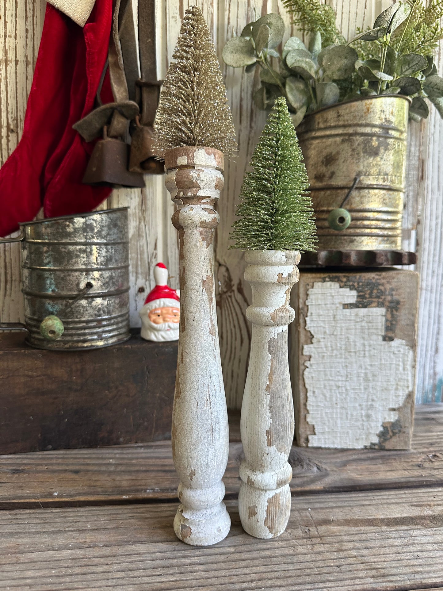 Salvage Wood Spindle With Bottle Brush Tree Set Of Two