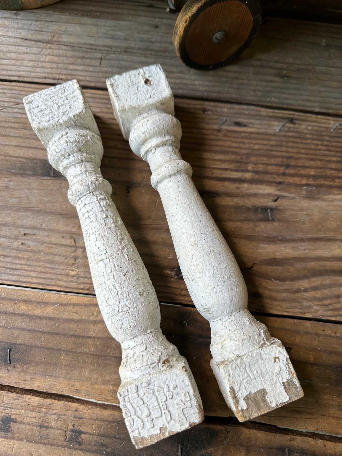 Chippy White Paint Wood Spindles Set of Two